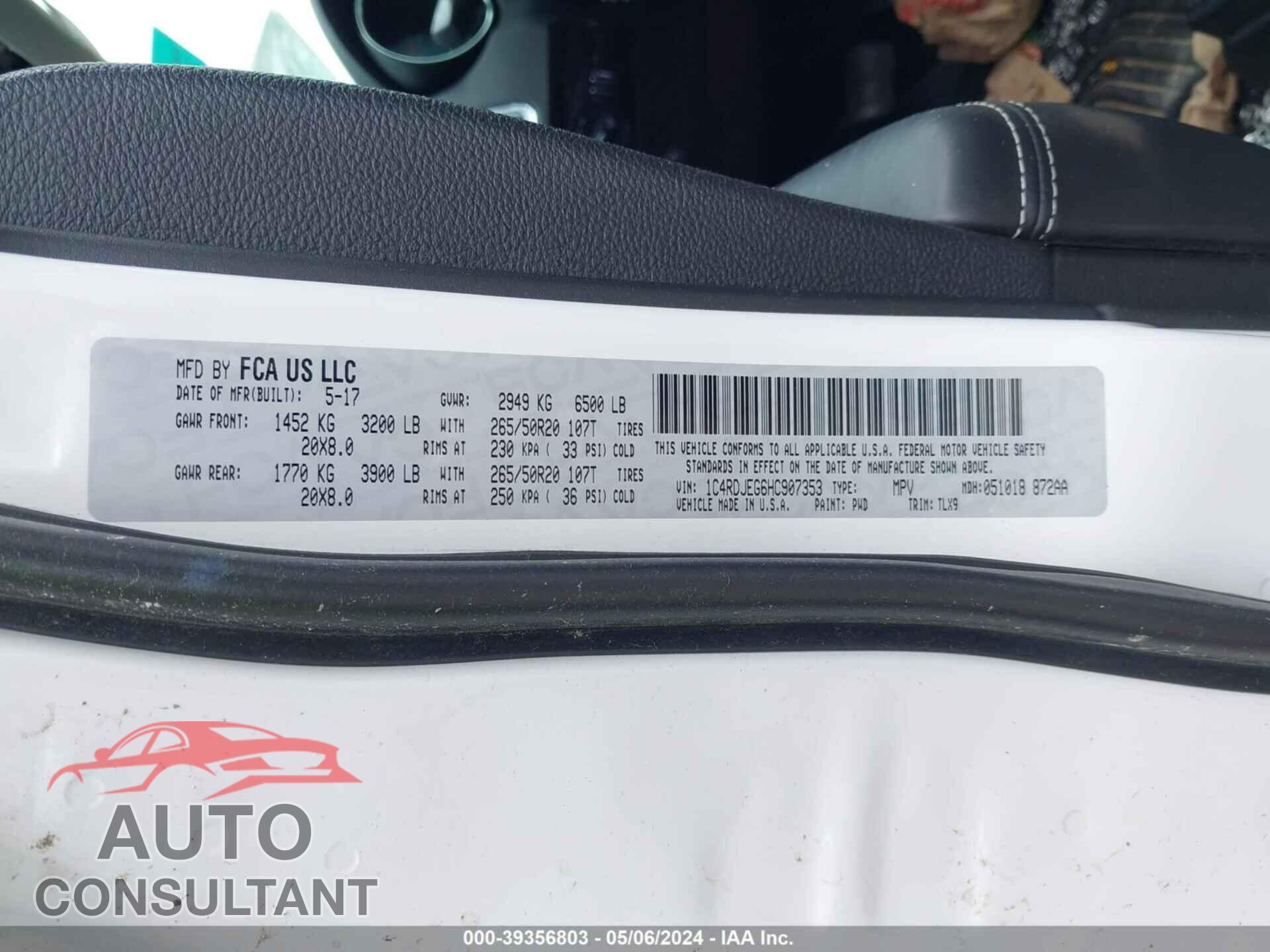 DODGE DURANGO 2017 - 1C4RDJEG6HC907353