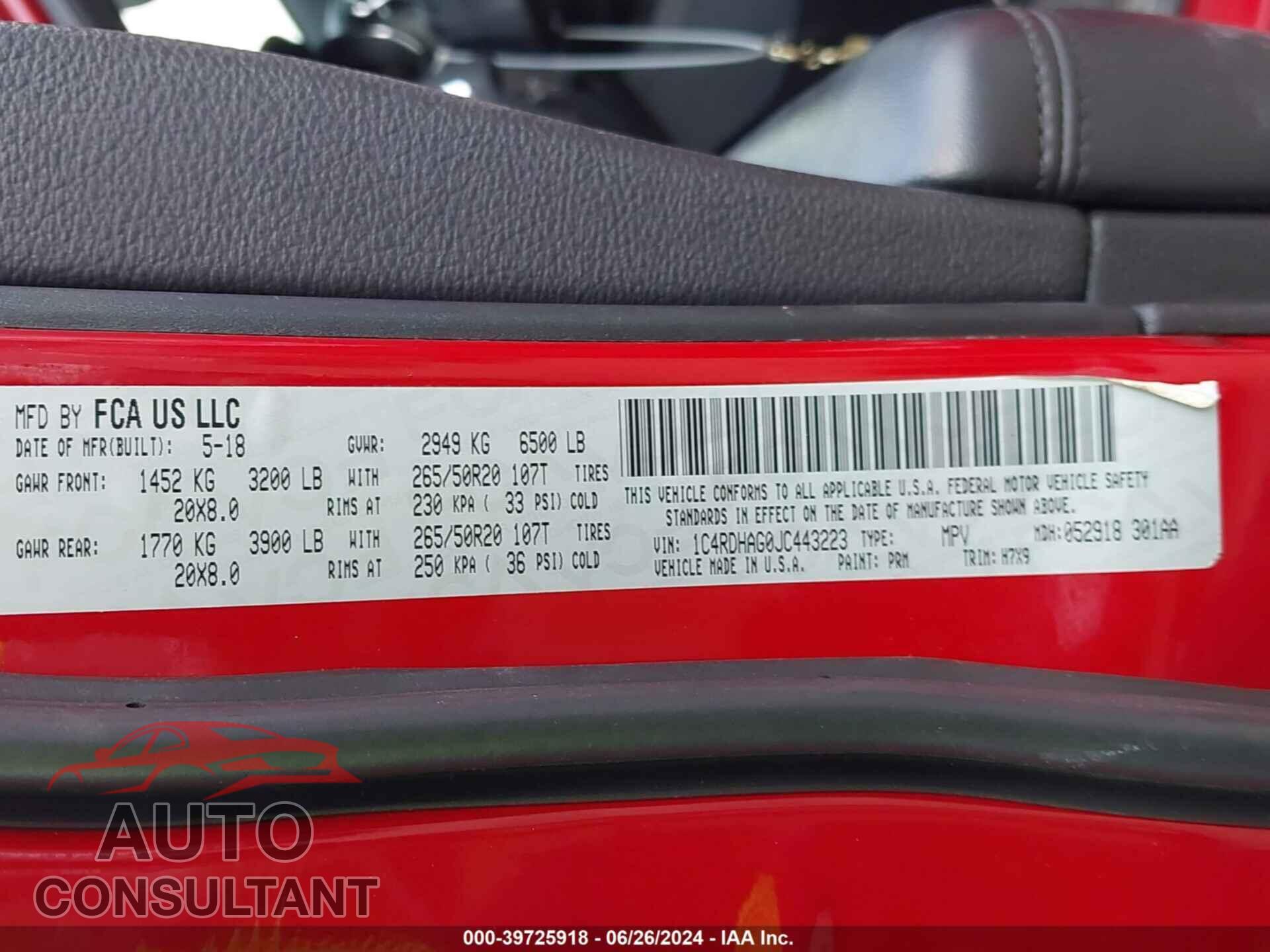 DODGE DURANGO 2018 - 1C4RDHAG0JC443223
