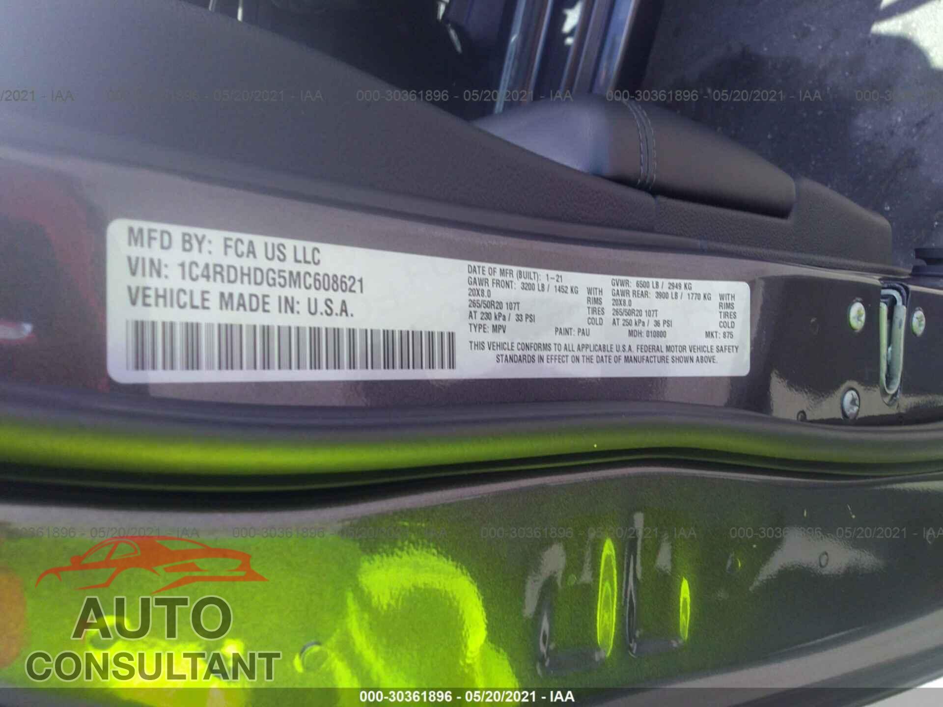 DODGE DURANGO 2021 - 1C4RDHDG5MC608621