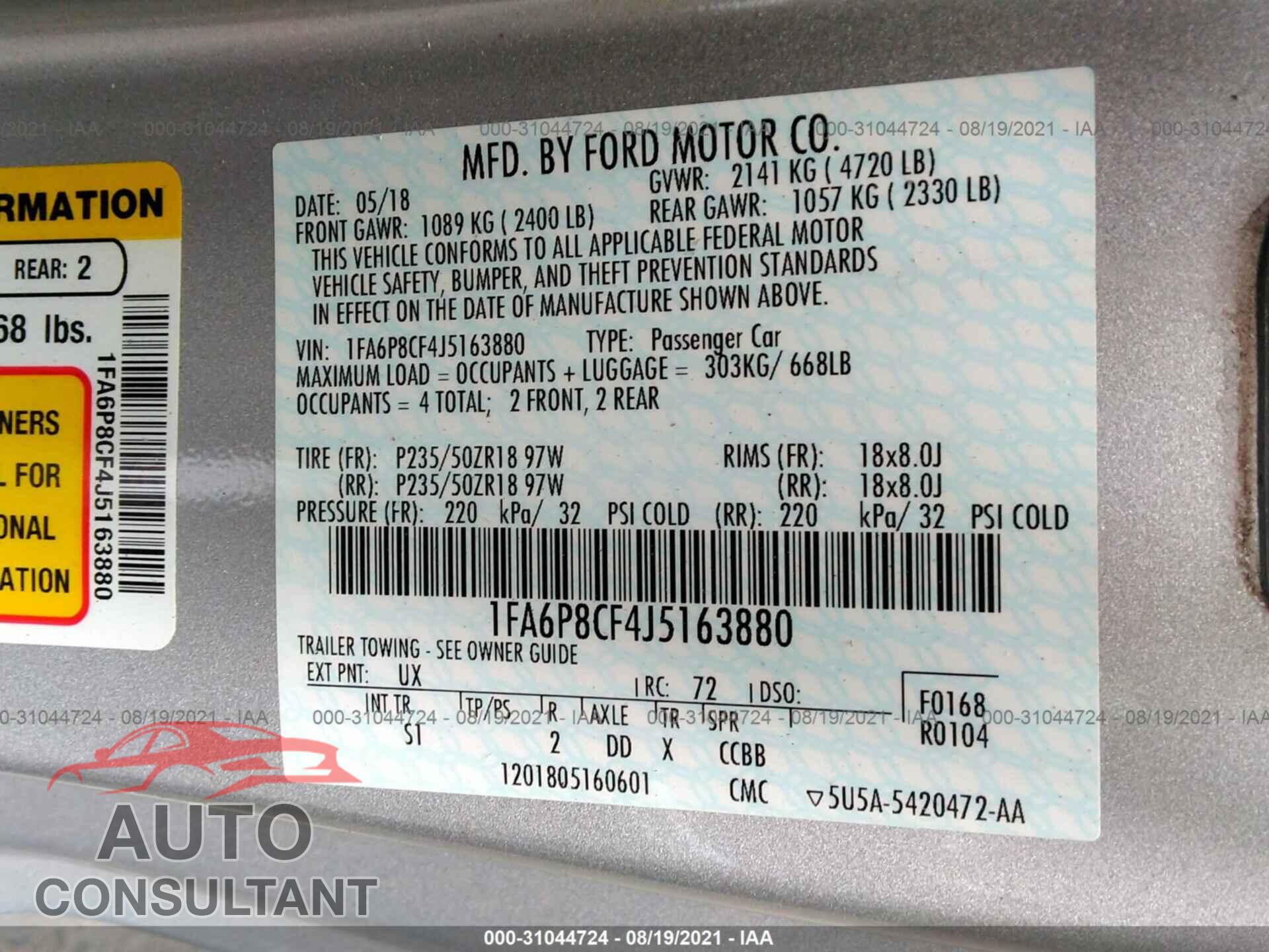 FORD MUSTANG 2018 - 1FA6P8CF4J5163880