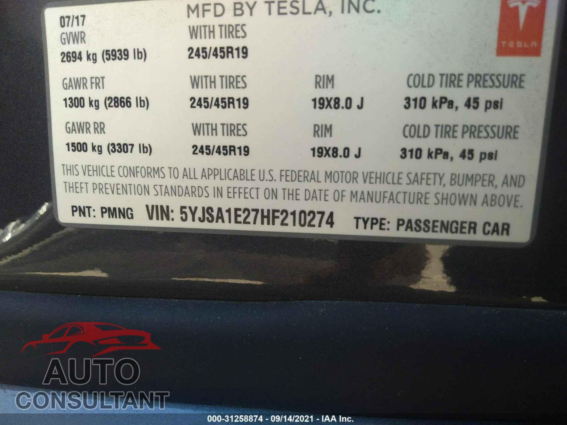 TESLA MODEL S 2017 - 5YJSA1E27HF210274