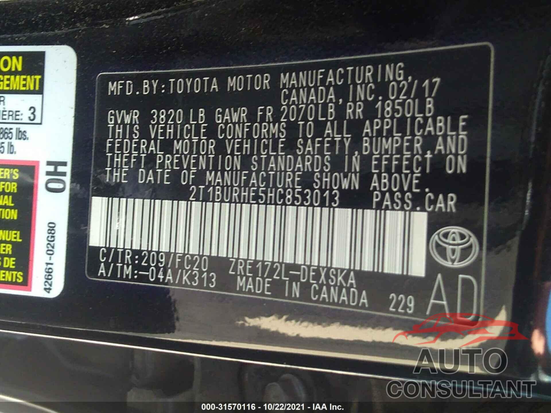 TOYOTA COROLLA 2017 - 2T1BURHE5HC853013