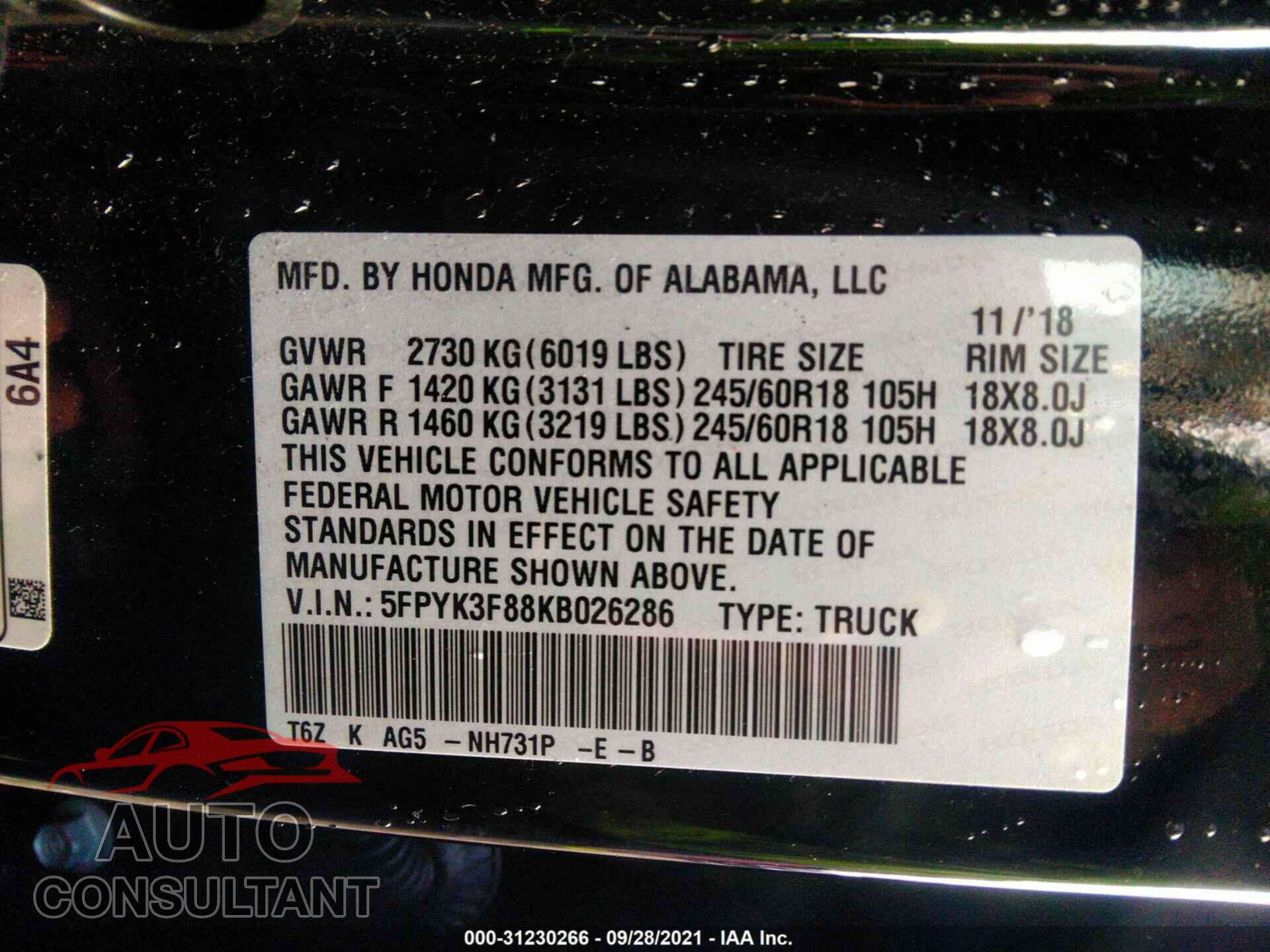 HONDA RIDGELINE 2019 - 5FPYK3F88KB026286