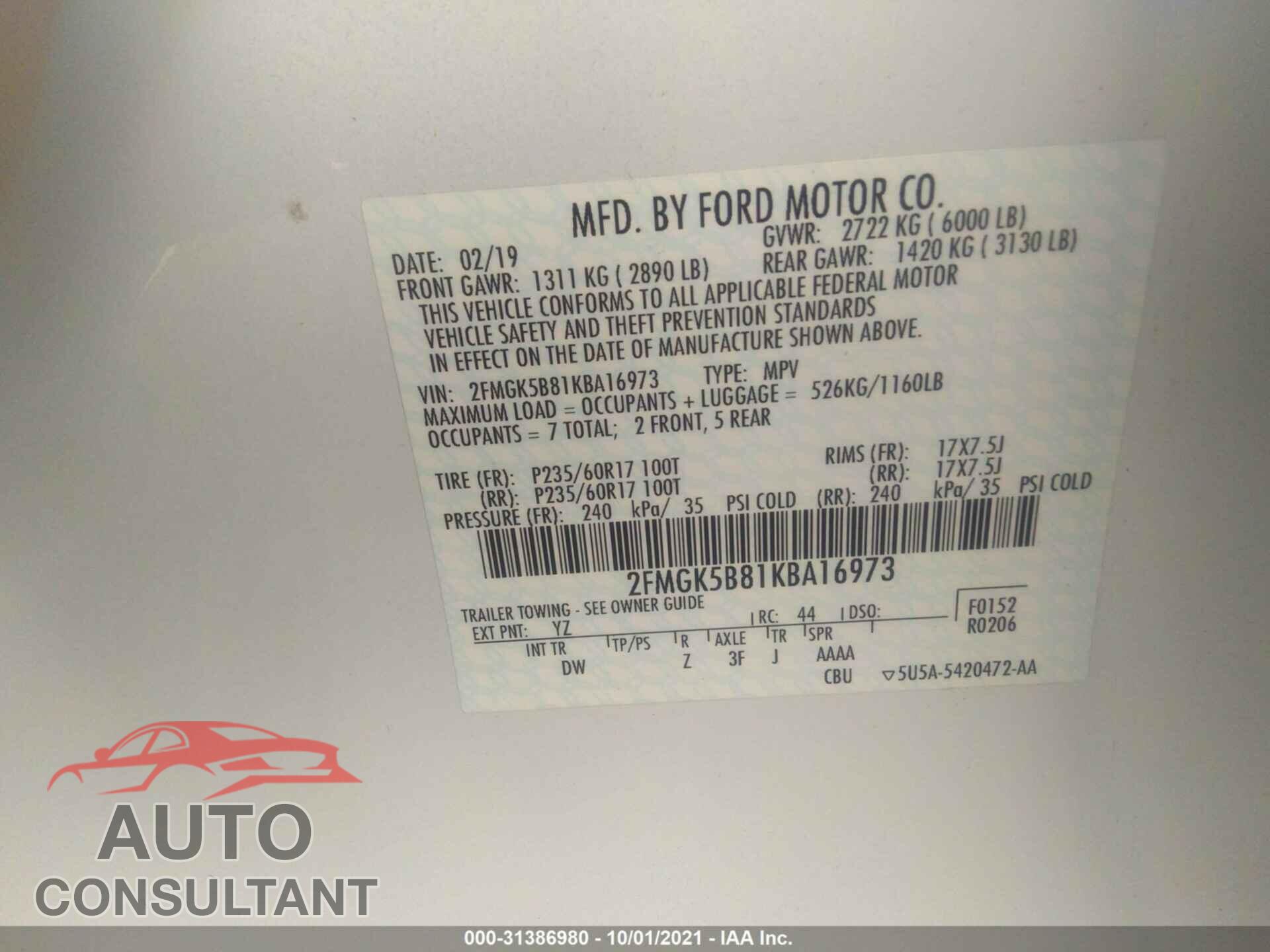 FORD FLEX 2019 - 2FMGK5B81KBA16973