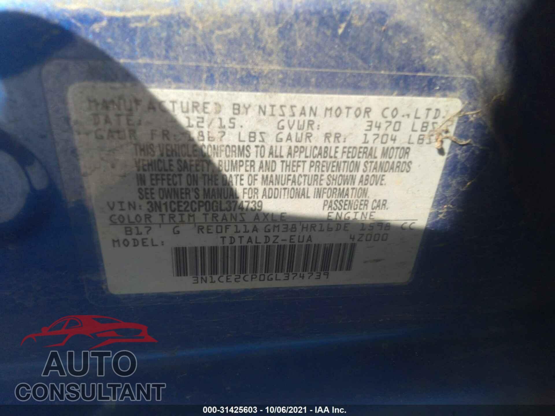 NISSAN VERSA NOTE 2016 - 3N1CE2CP0GL374739