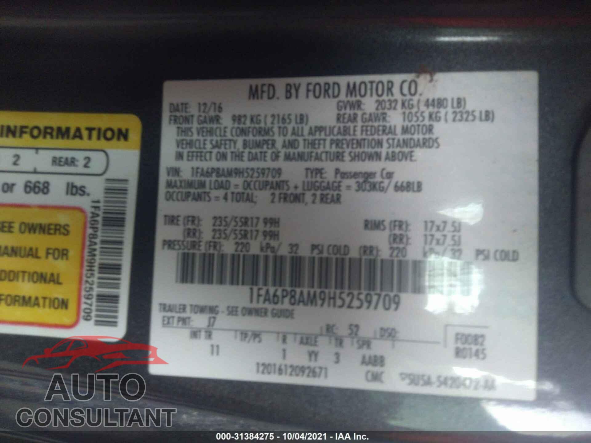 FORD MUSTANG 2017 - 1FA6P8AM9H5259709