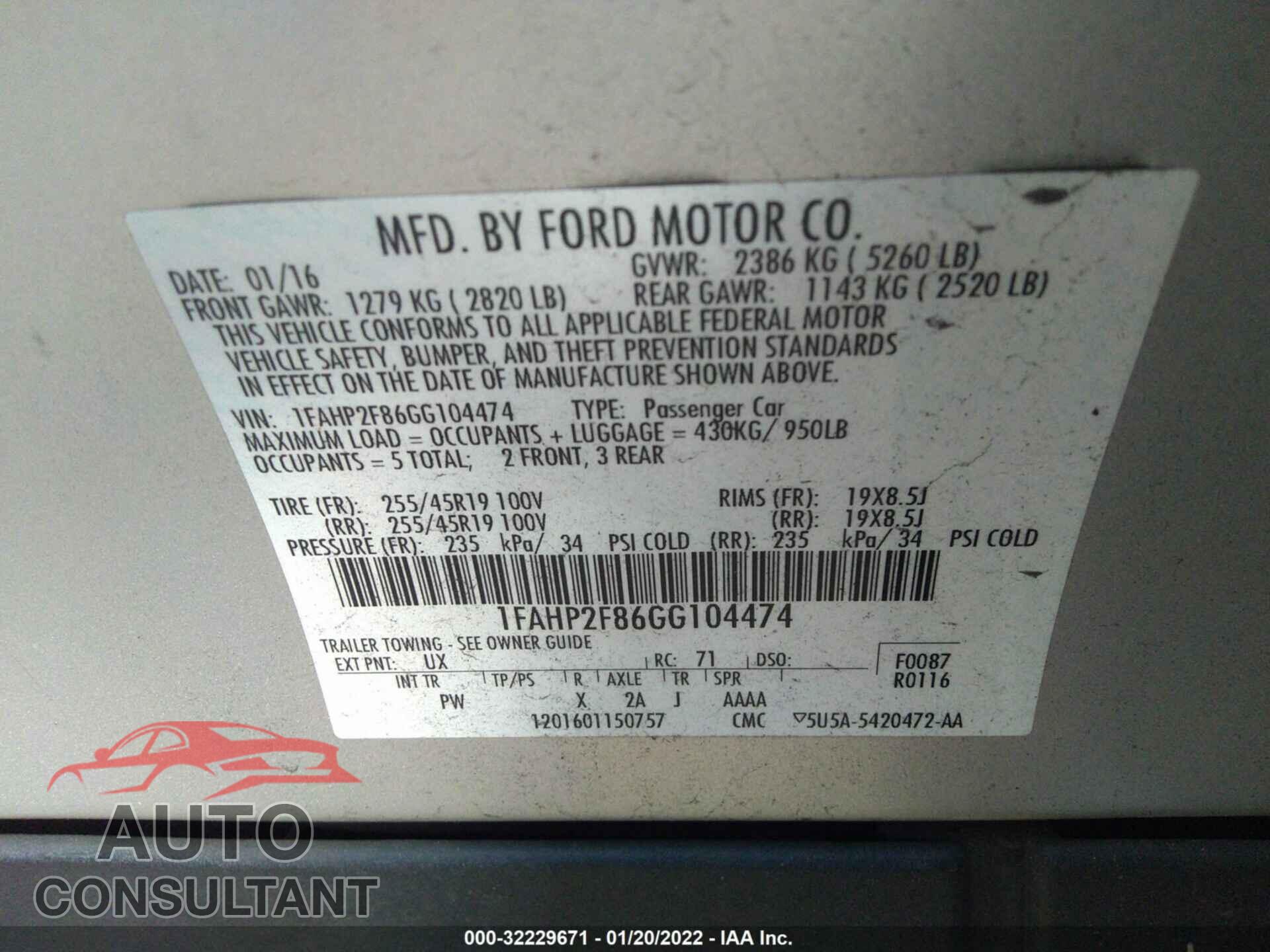 FORD TAURUS 2016 - 1FAHP2F86GG104474