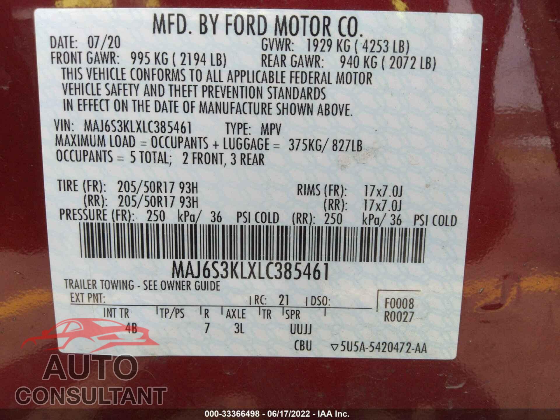 FORD ECOSPORT 2020 - MAJ6S3KLXLC385461