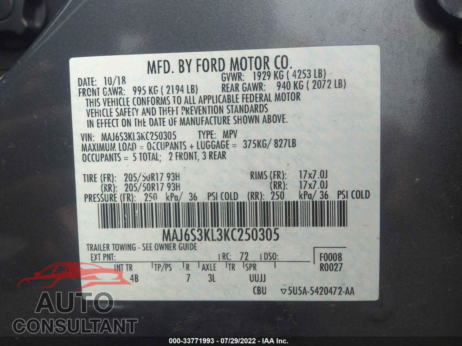 FORD ECOSPORT 2019 - MAJ6S3KL3KC250305