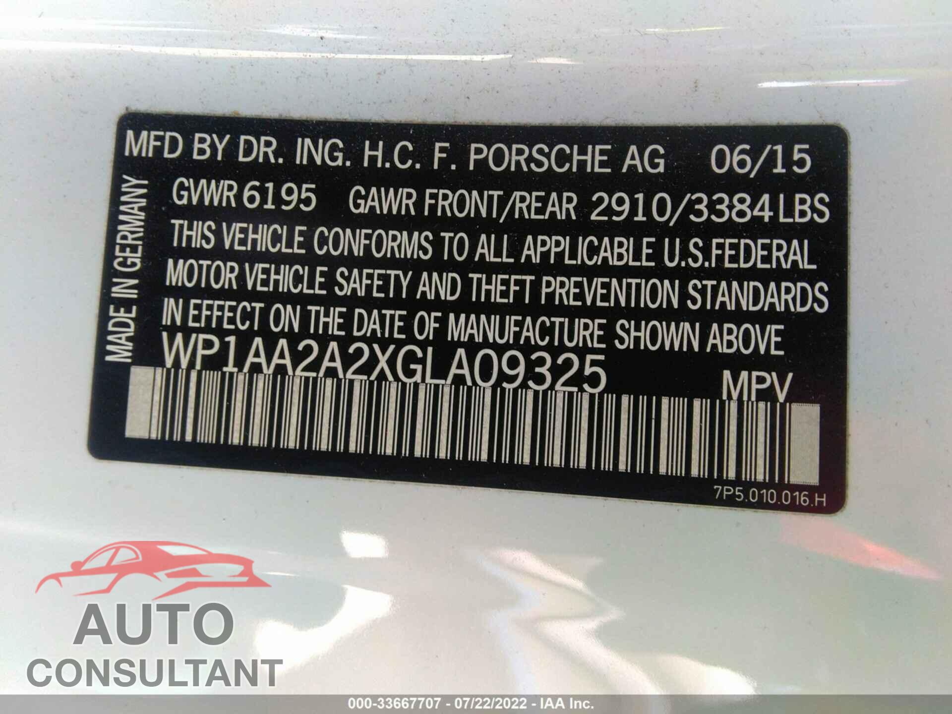 PORSCHE CAYENNE 2016 - WP1AA2A2XGLA09325