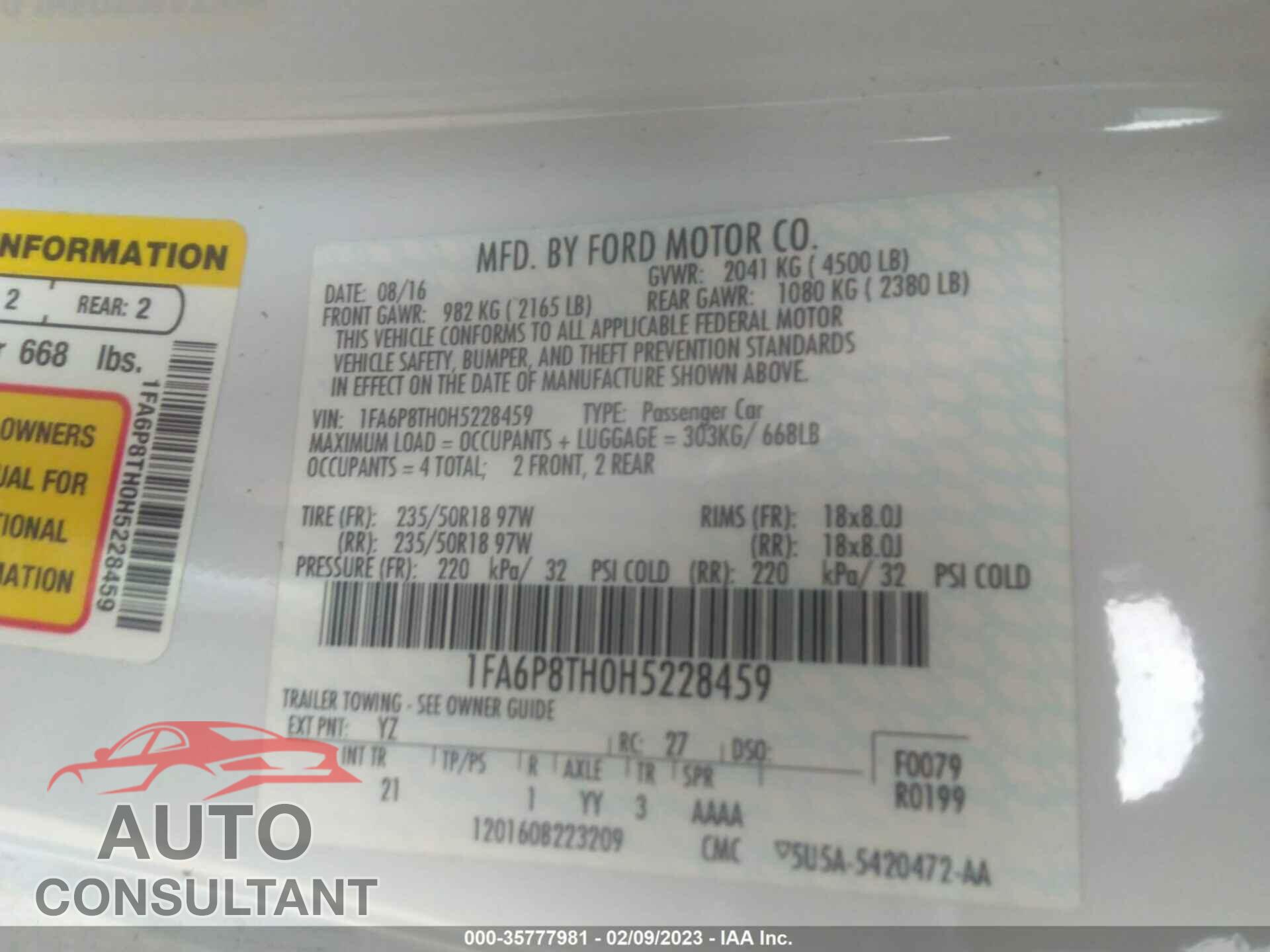 FORD MUSTANG 2017 - 1FA6P8TH0H5228459