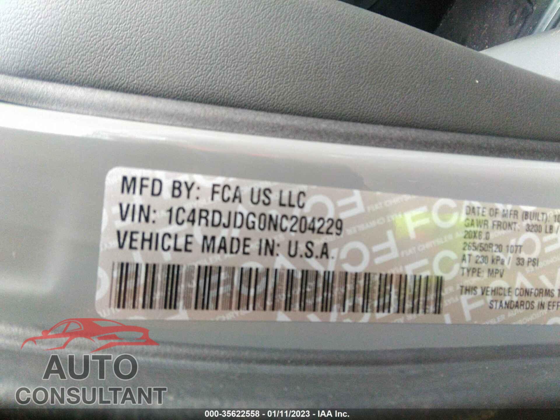 DODGE DURANGO 2022 - 1C4RDJDG0NC204229
