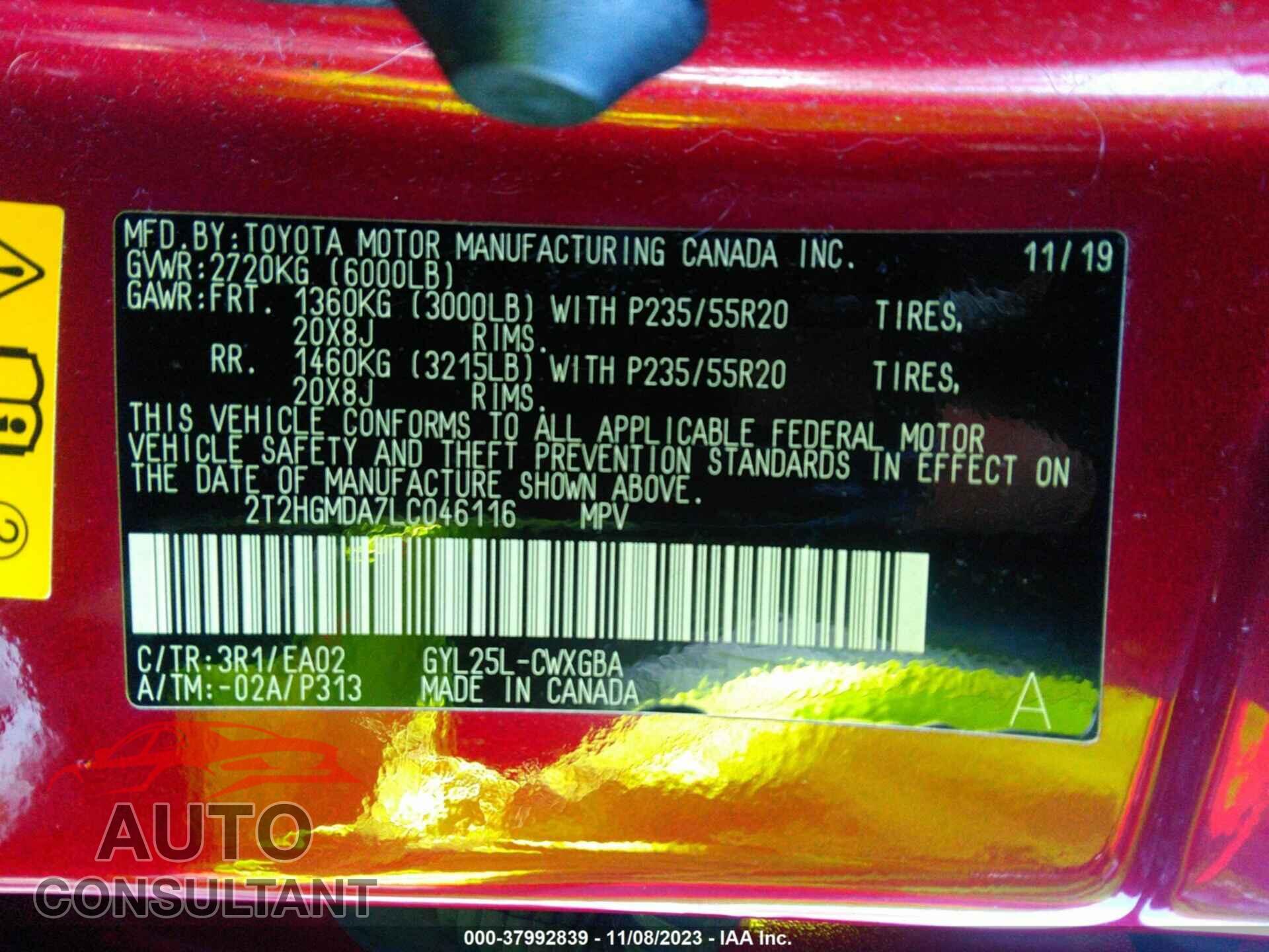 LEXUS RX 2020 - 2T2HGMDA7LC046116