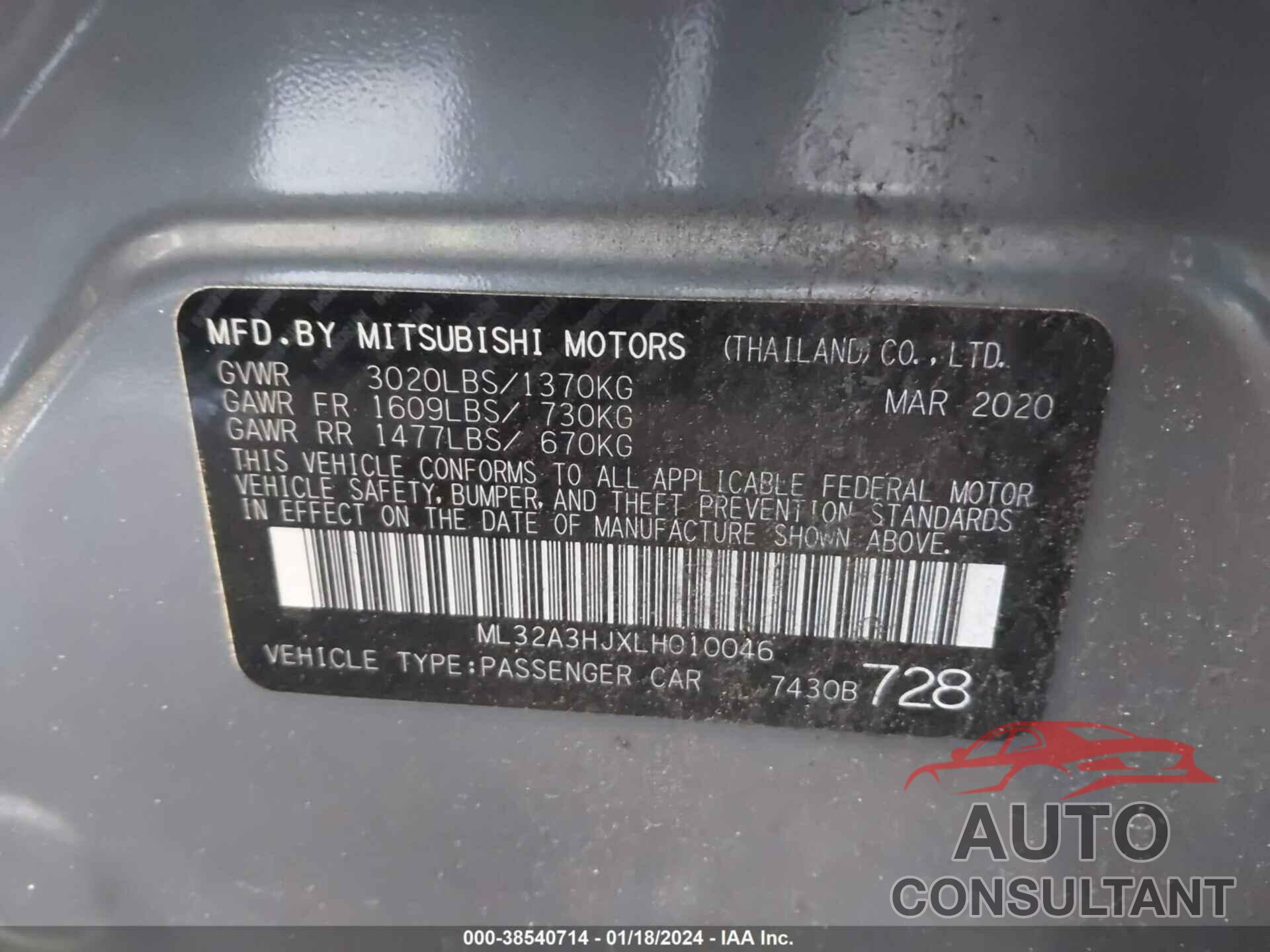 MITSUBISHI MIRAGE 2020 - ML32A3HJXLH010046