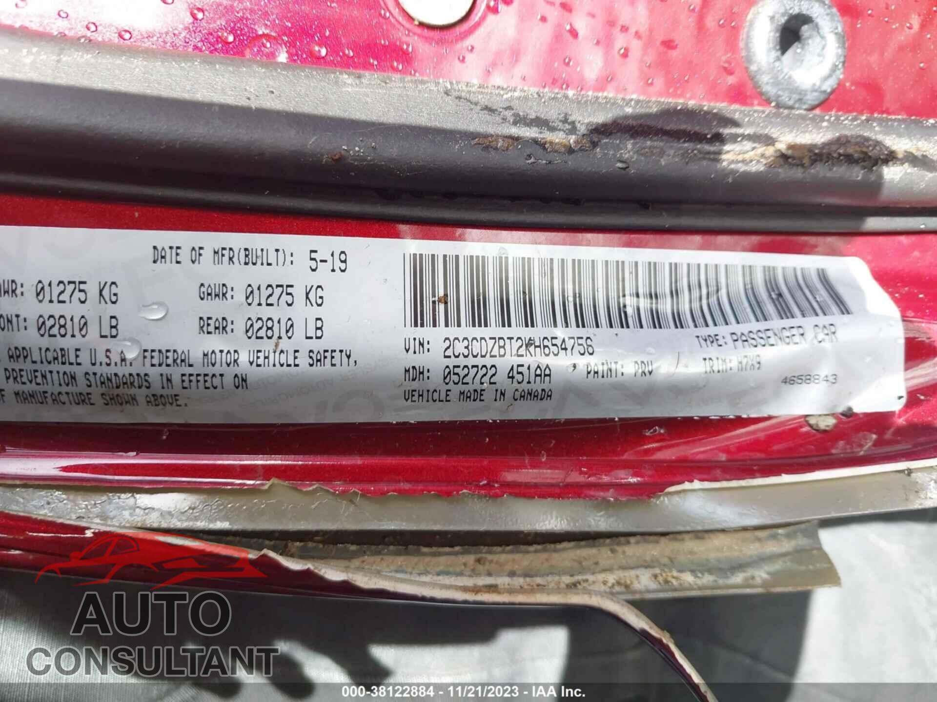 DODGE CHALLENGER 2019 - 2C3CDZBT2KH654756