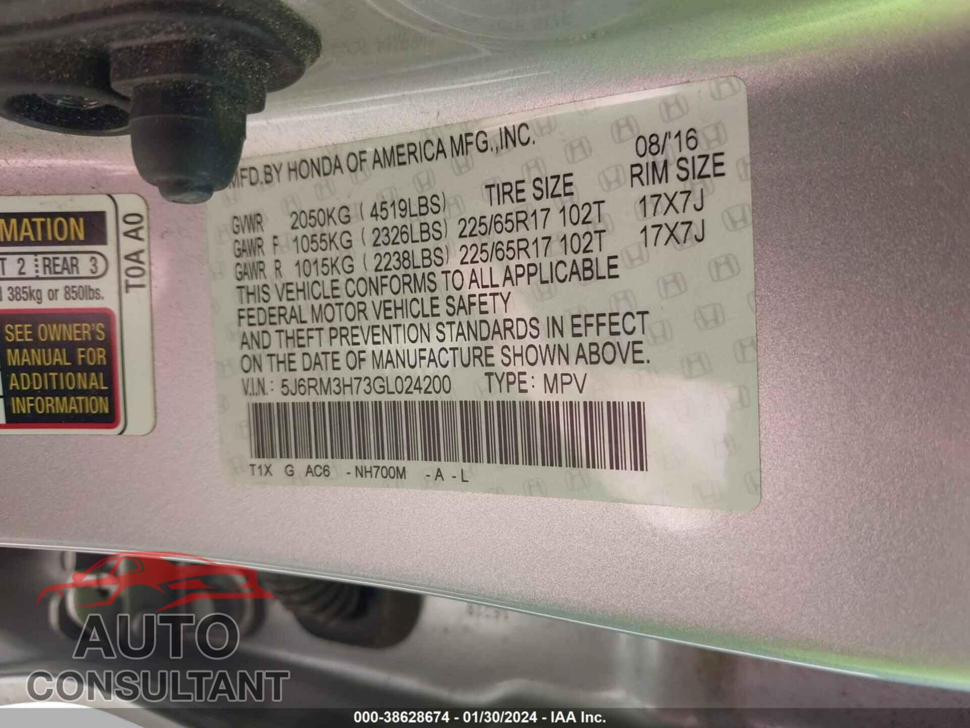 HONDA CR-V 2016 - 5J6RM3H73GL024200