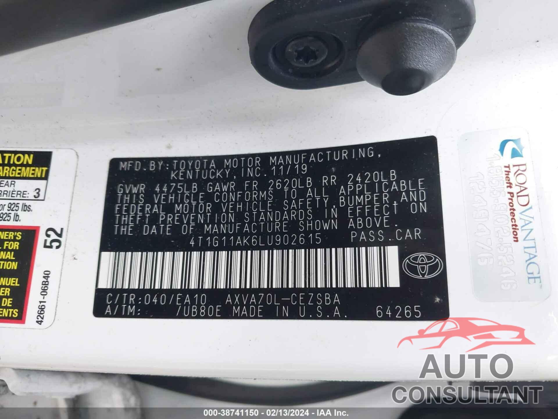 TOYOTA CAMRY 2020 - 4T1G11AK6LU902615