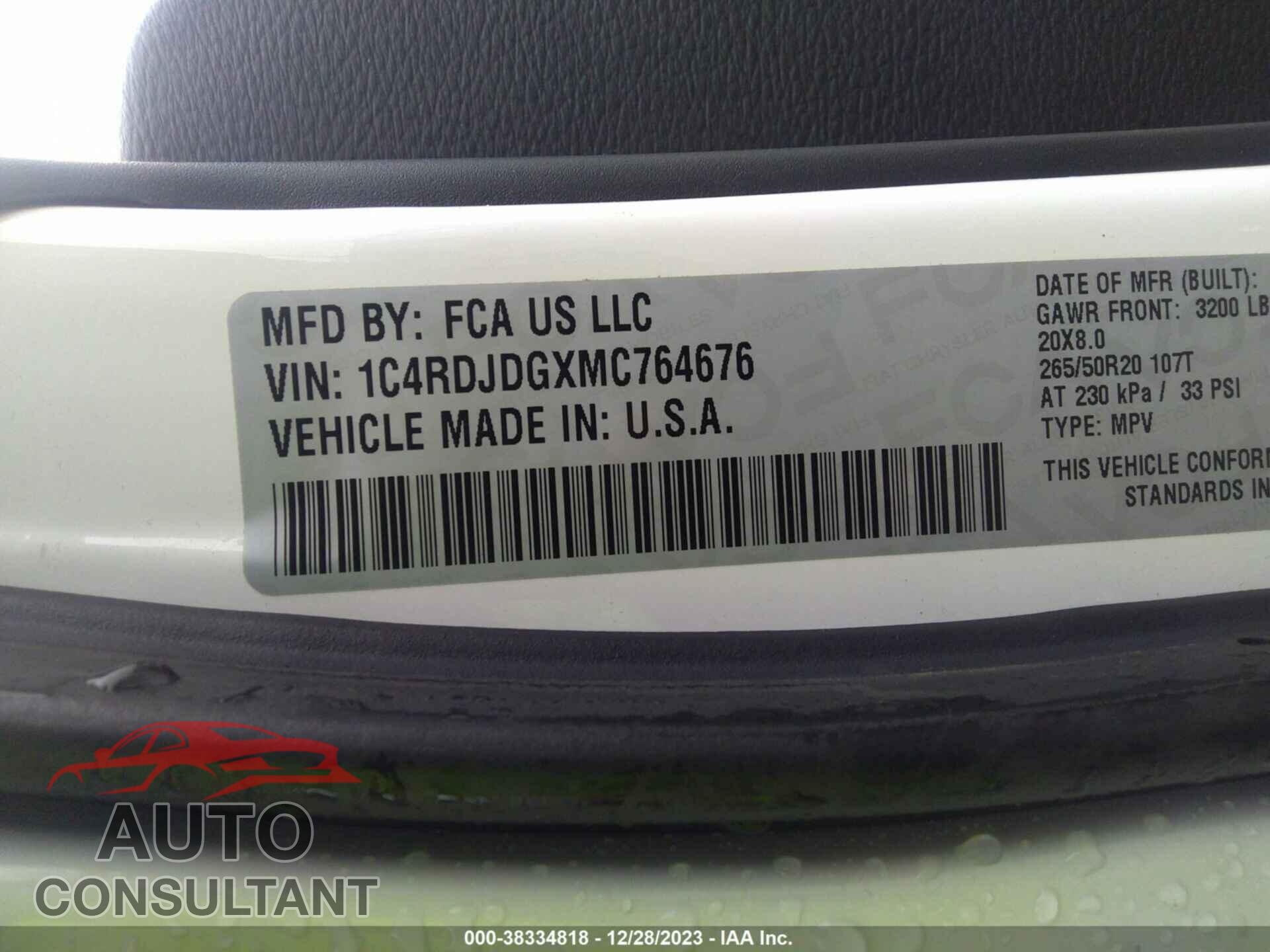 DODGE DURANGO 2021 - 1C4RDJDGXMC764676
