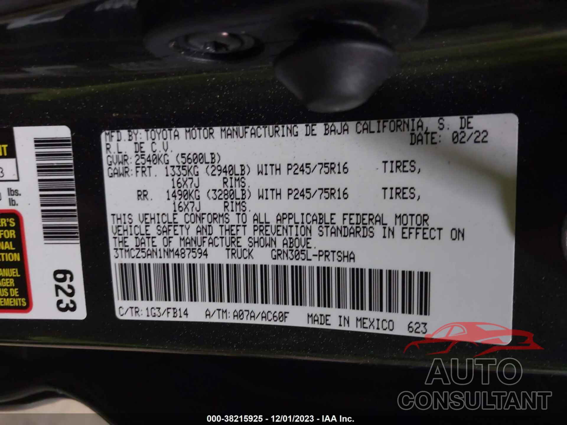 TOYOTA TACOMA 2022 - 3TMCZ5AN1NM487594