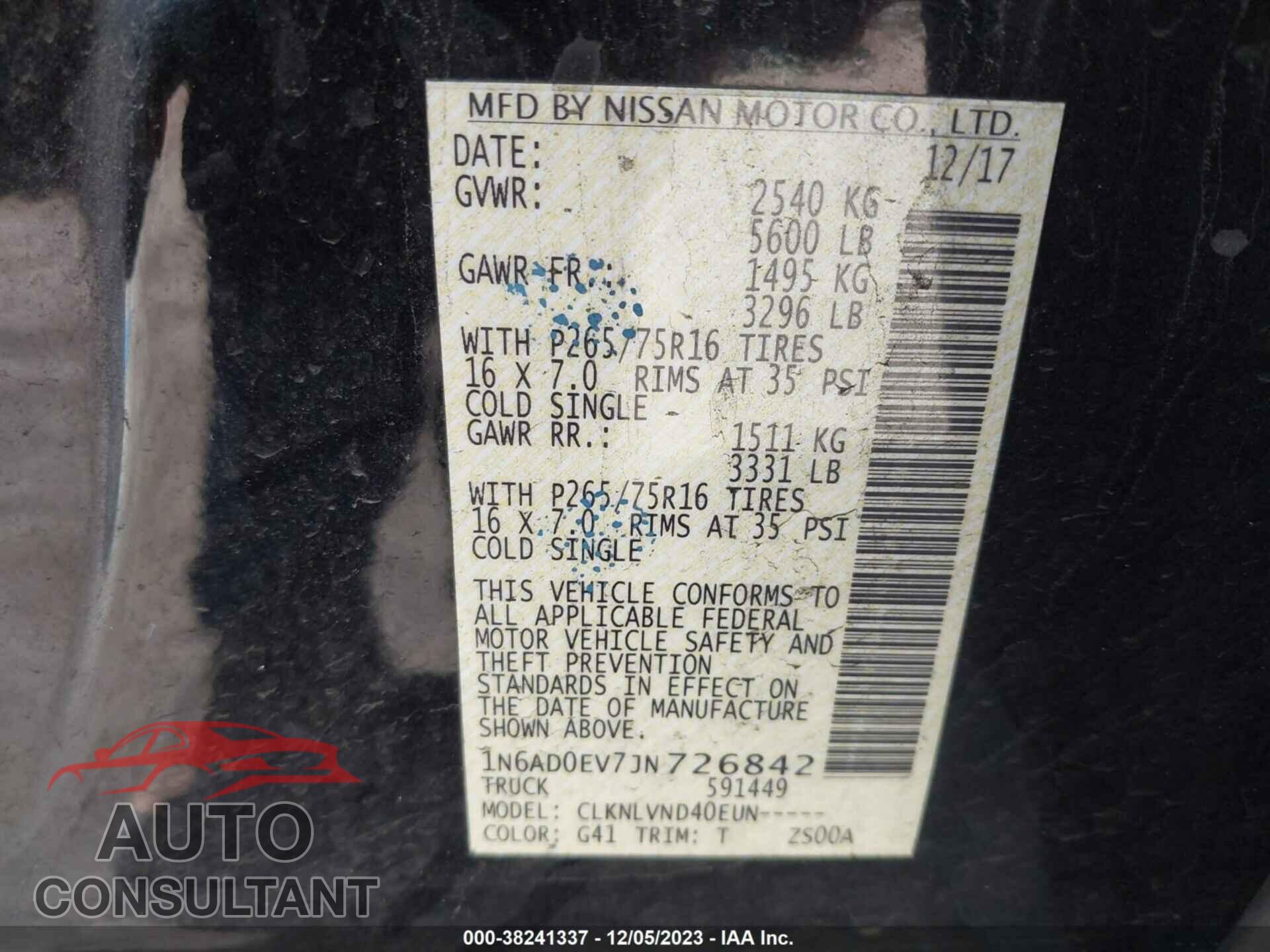NISSAN FRONTIER 2018 - 1N6AD0EV7JN726842