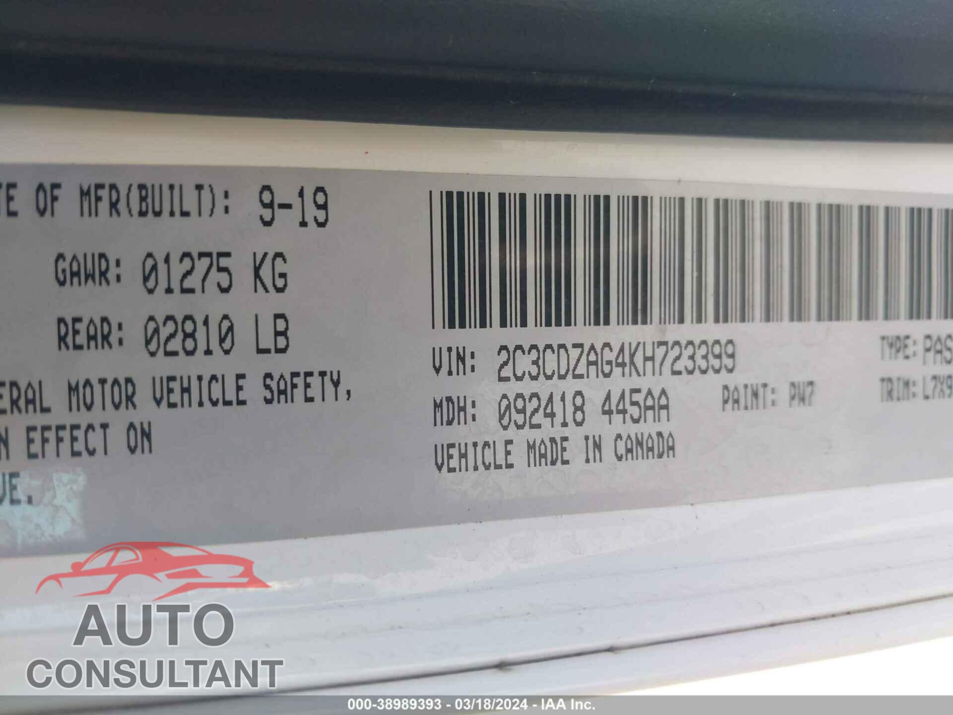 DODGE CHALLENGER 2019 - 2C3CDZAG4KH723399