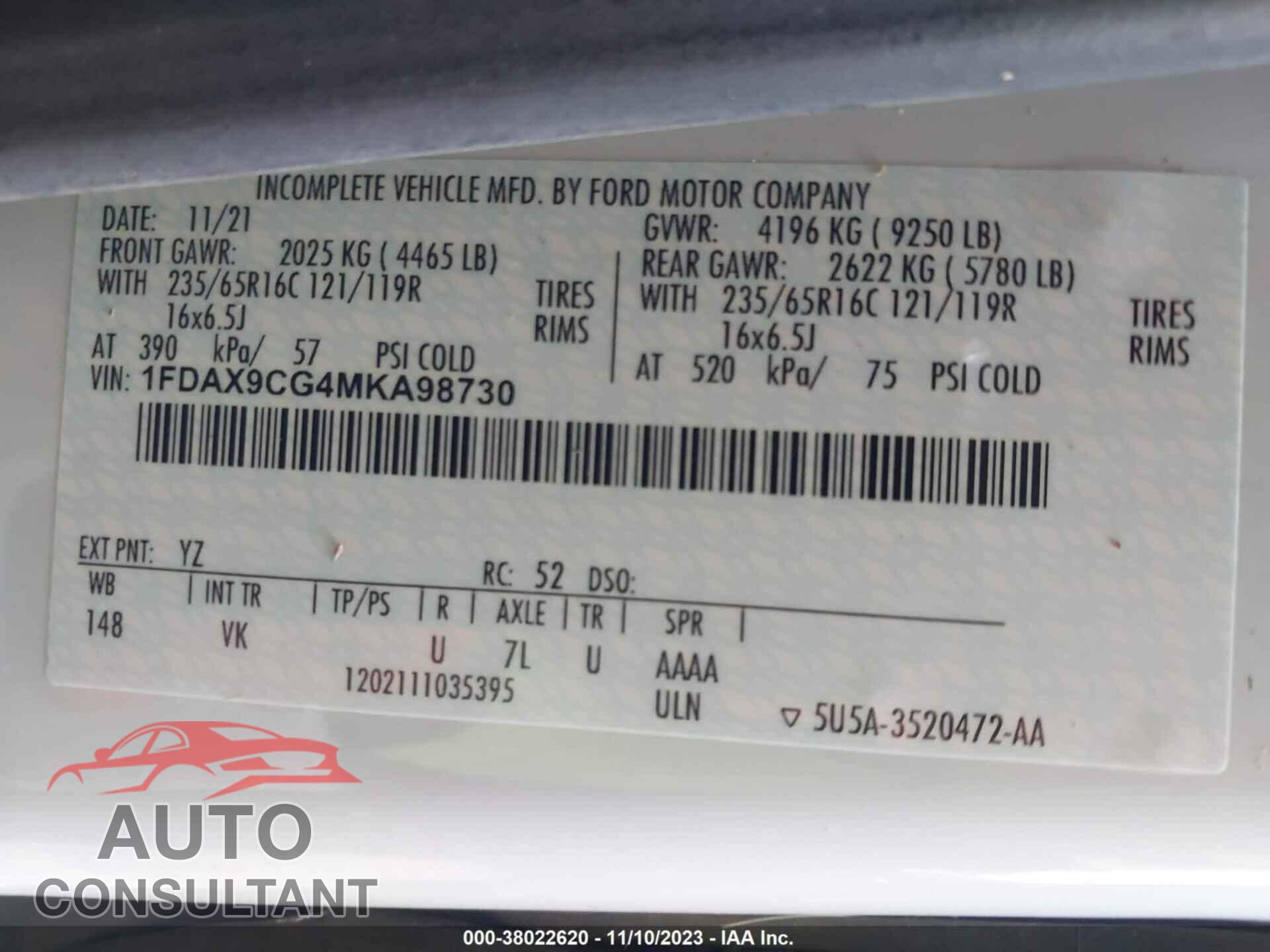 FORD TRANSIT 2021 - 1FDAX9CG4MKA98730