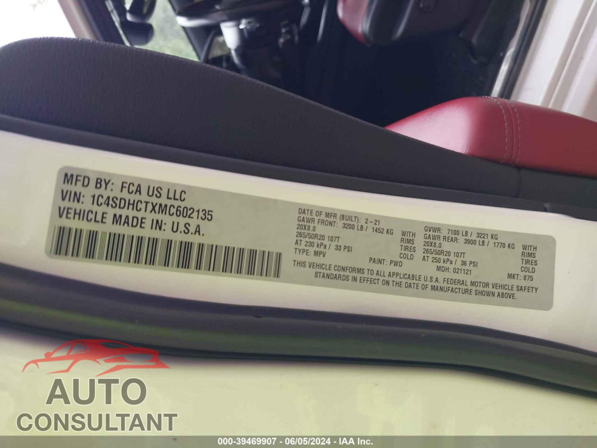 DODGE DURANGO 2021 - 1C4SDHCTXMC602135