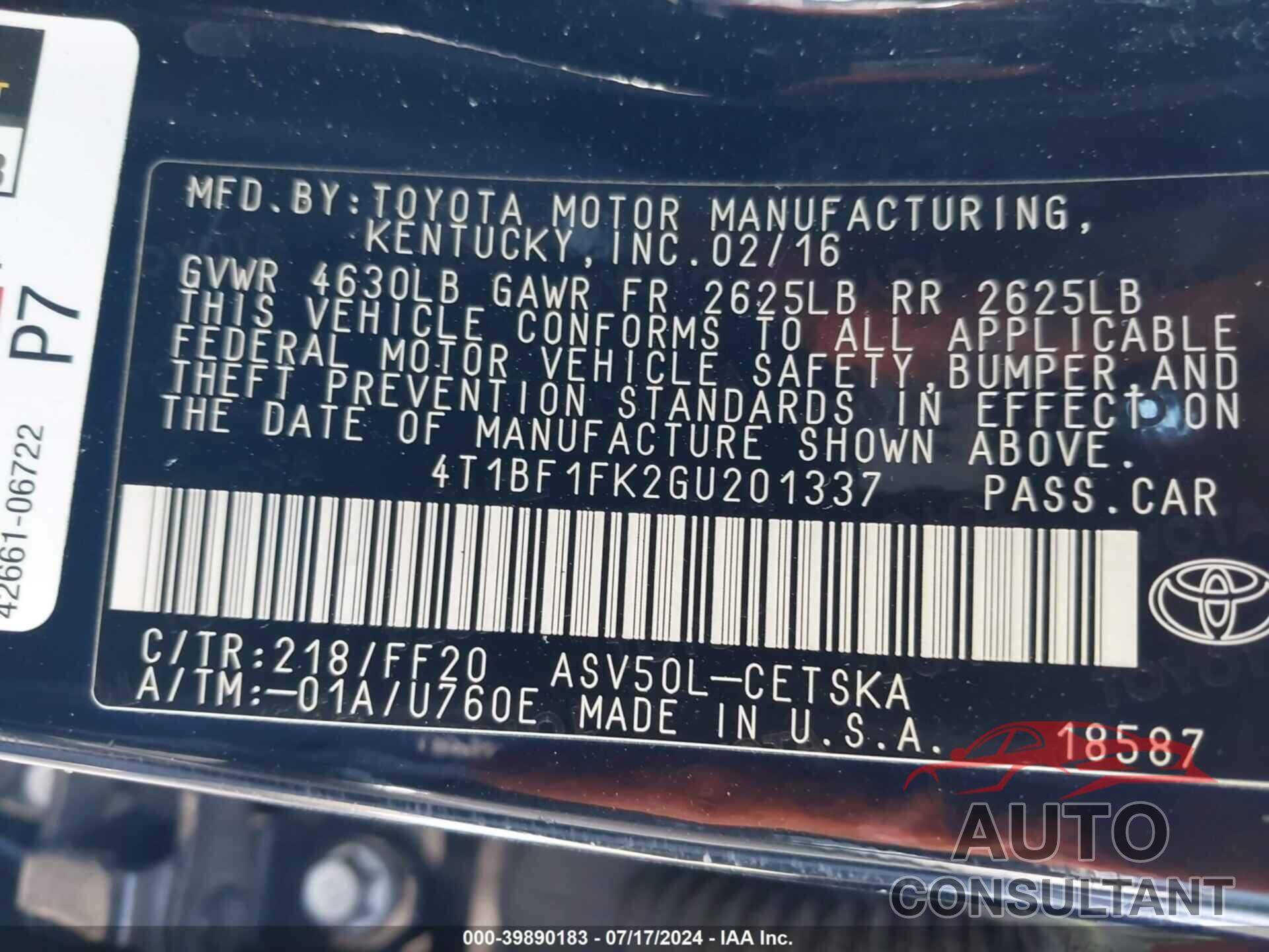 TOYOTA CAMRY 2016 - 4T1BF1FK2GU201337