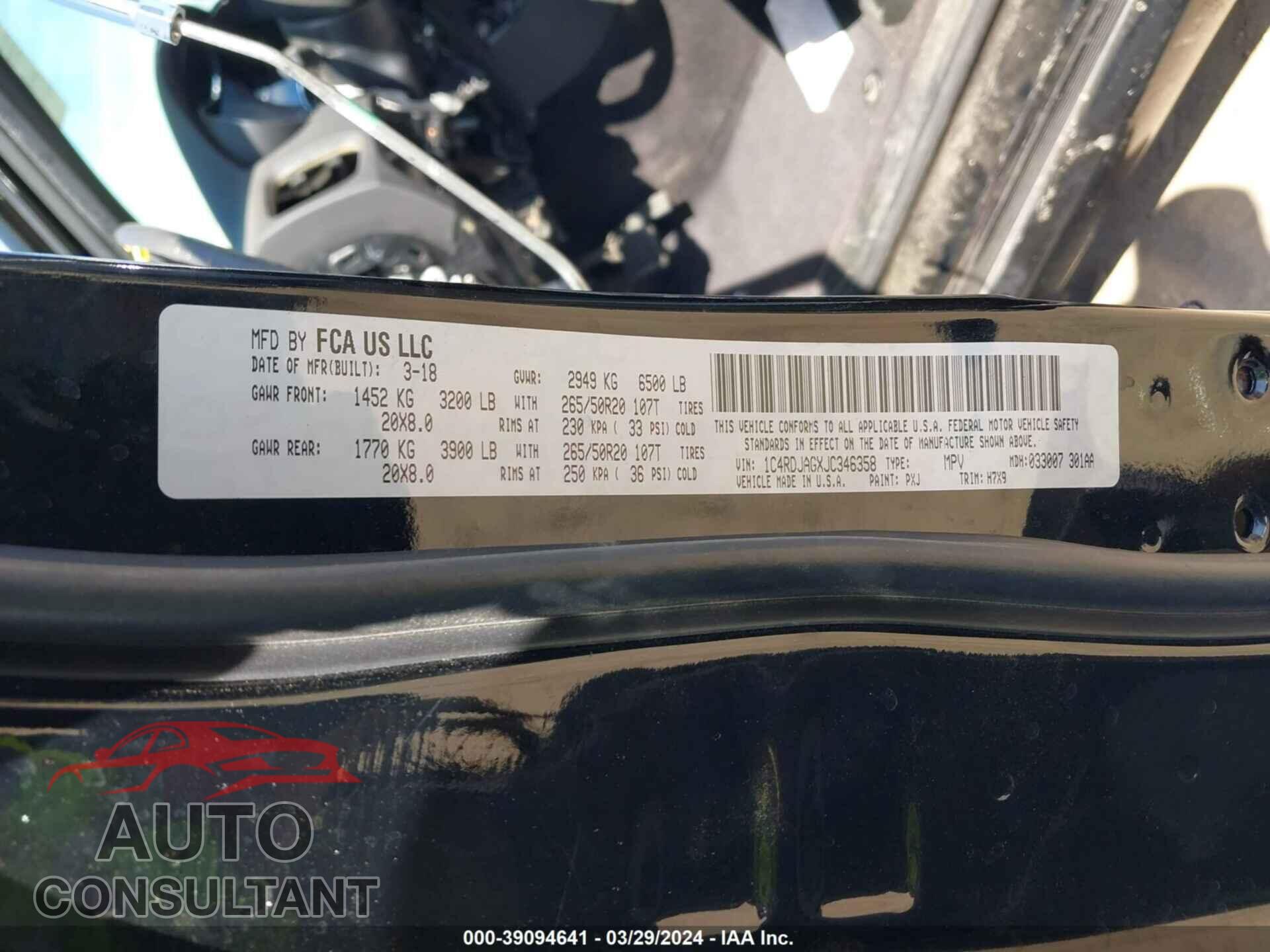 DODGE DURANGO 2018 - 1C4RDJAGXJC346358