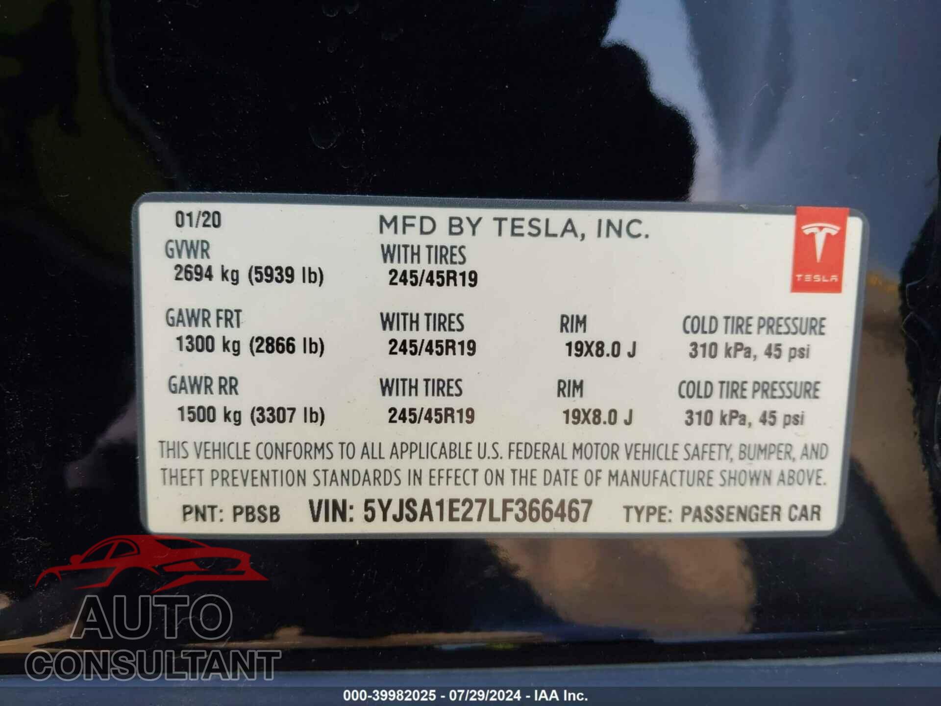 TESLA MODEL S 2020 - 5YJSA1E27LF366467