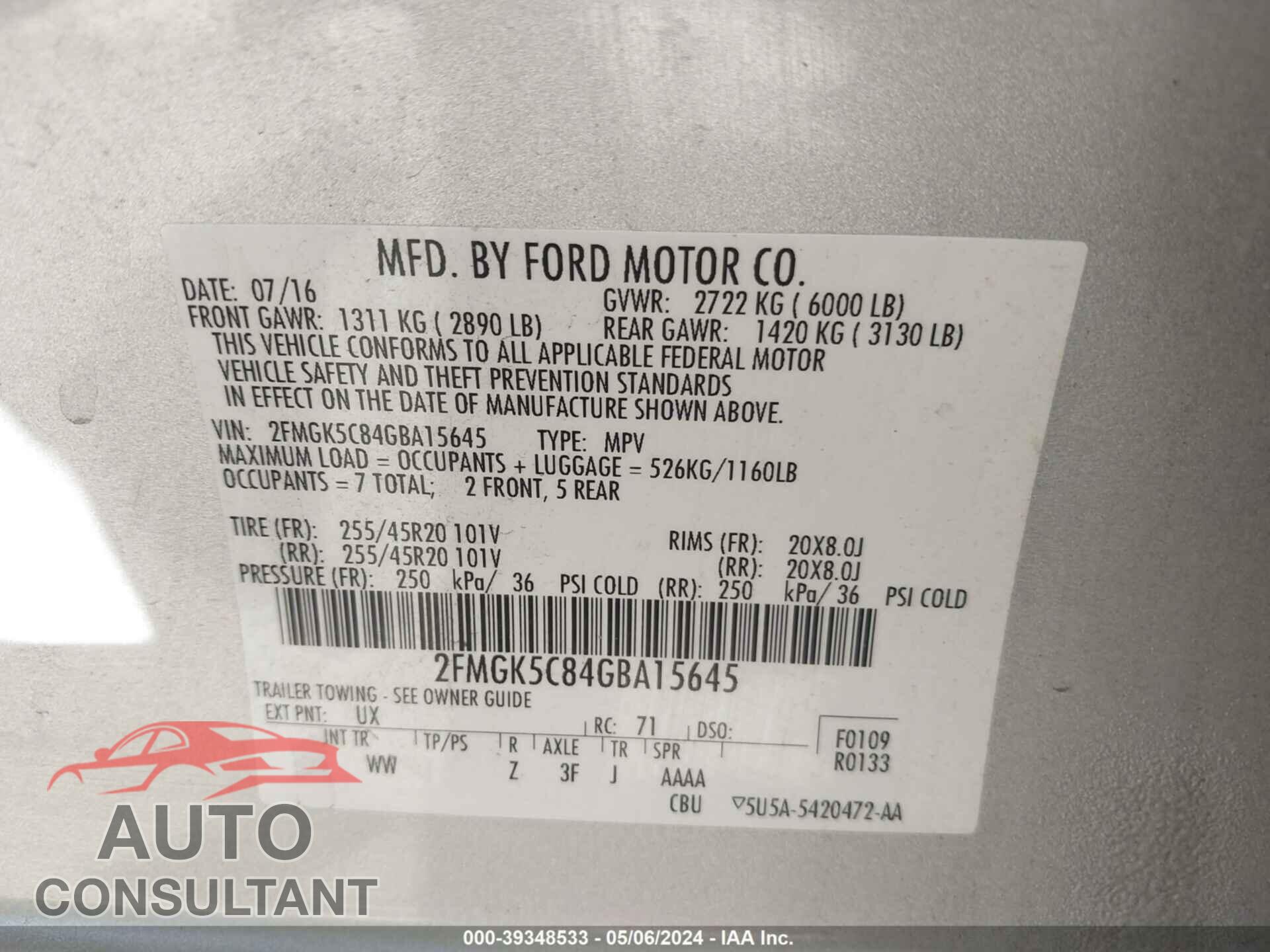 FORD FLEX 2016 - 2FMGK5C84GBA15645