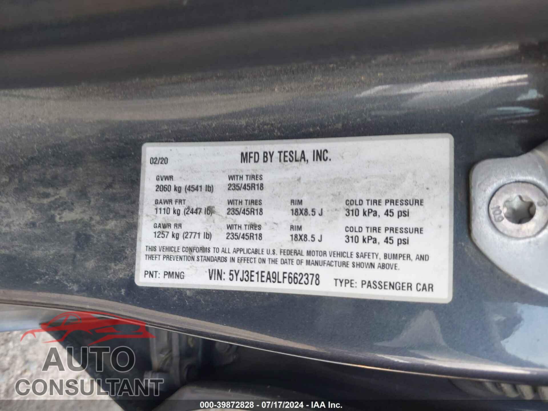TESLA MODEL 3 2020 - 5YJ3E1EA9LF662378