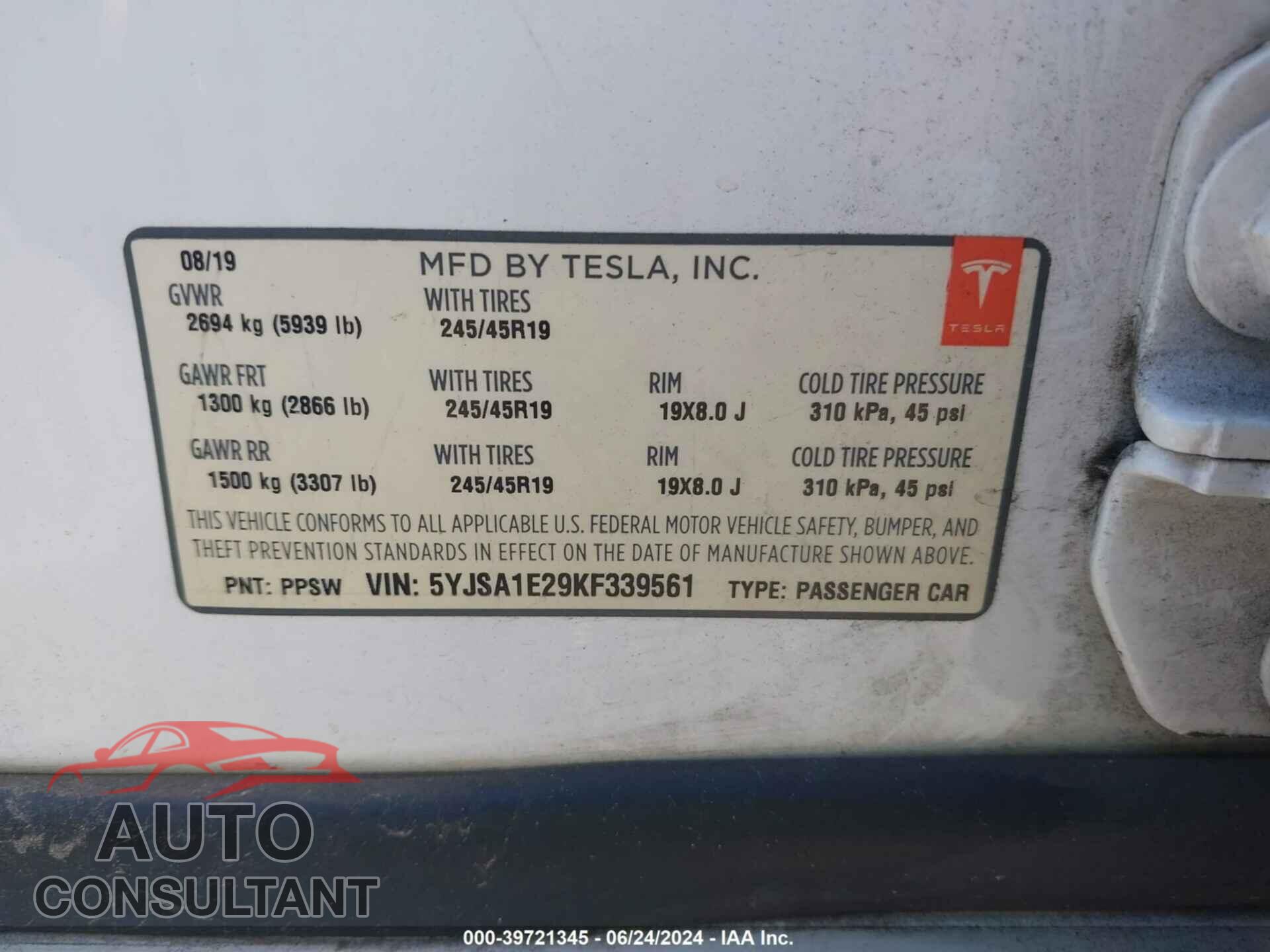 TESLA MODEL S 2019 - 5YJSA1E29KF339561