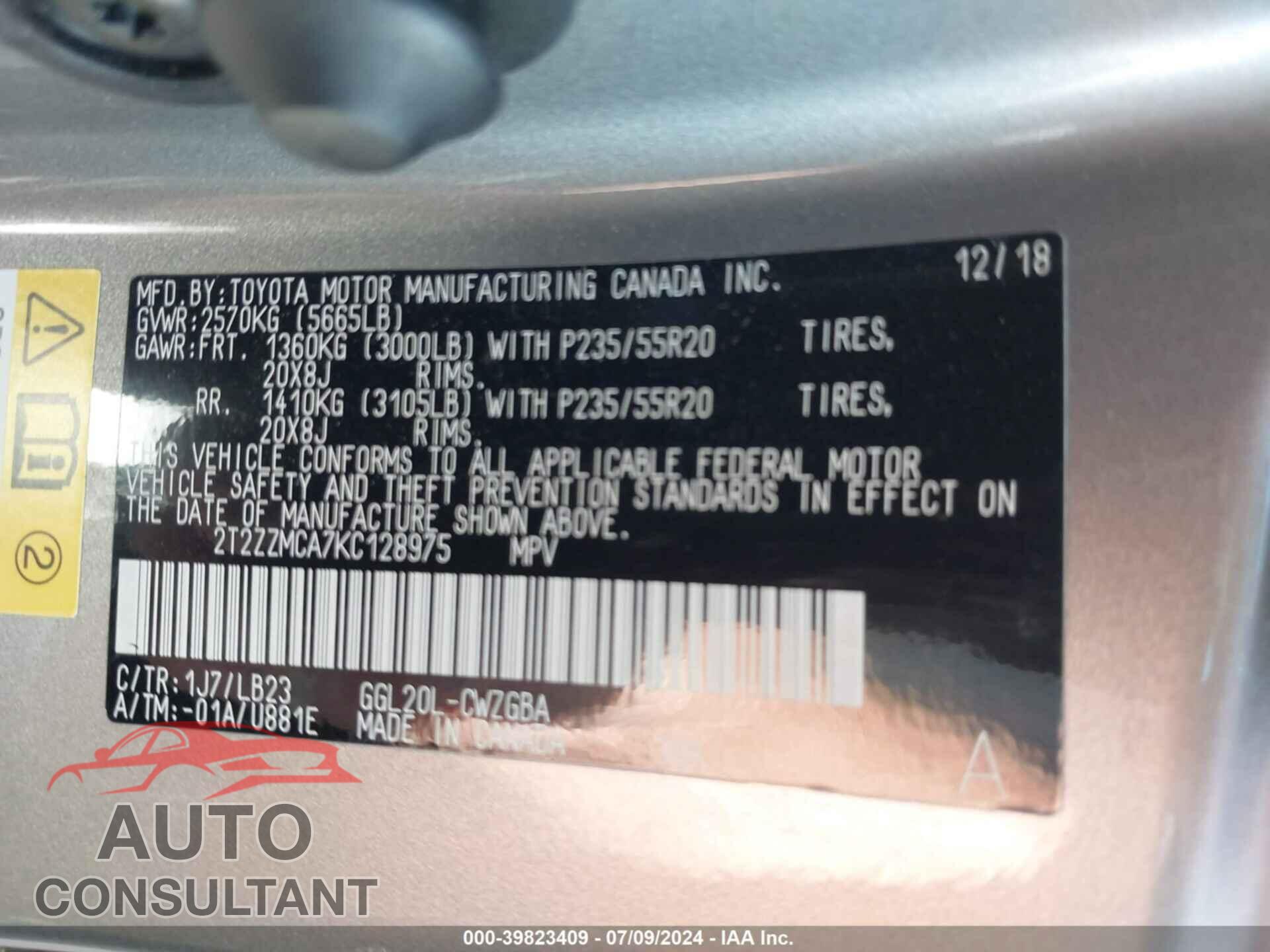 LEXUS RX 350 2019 - 2T2ZZMCA7KC128975