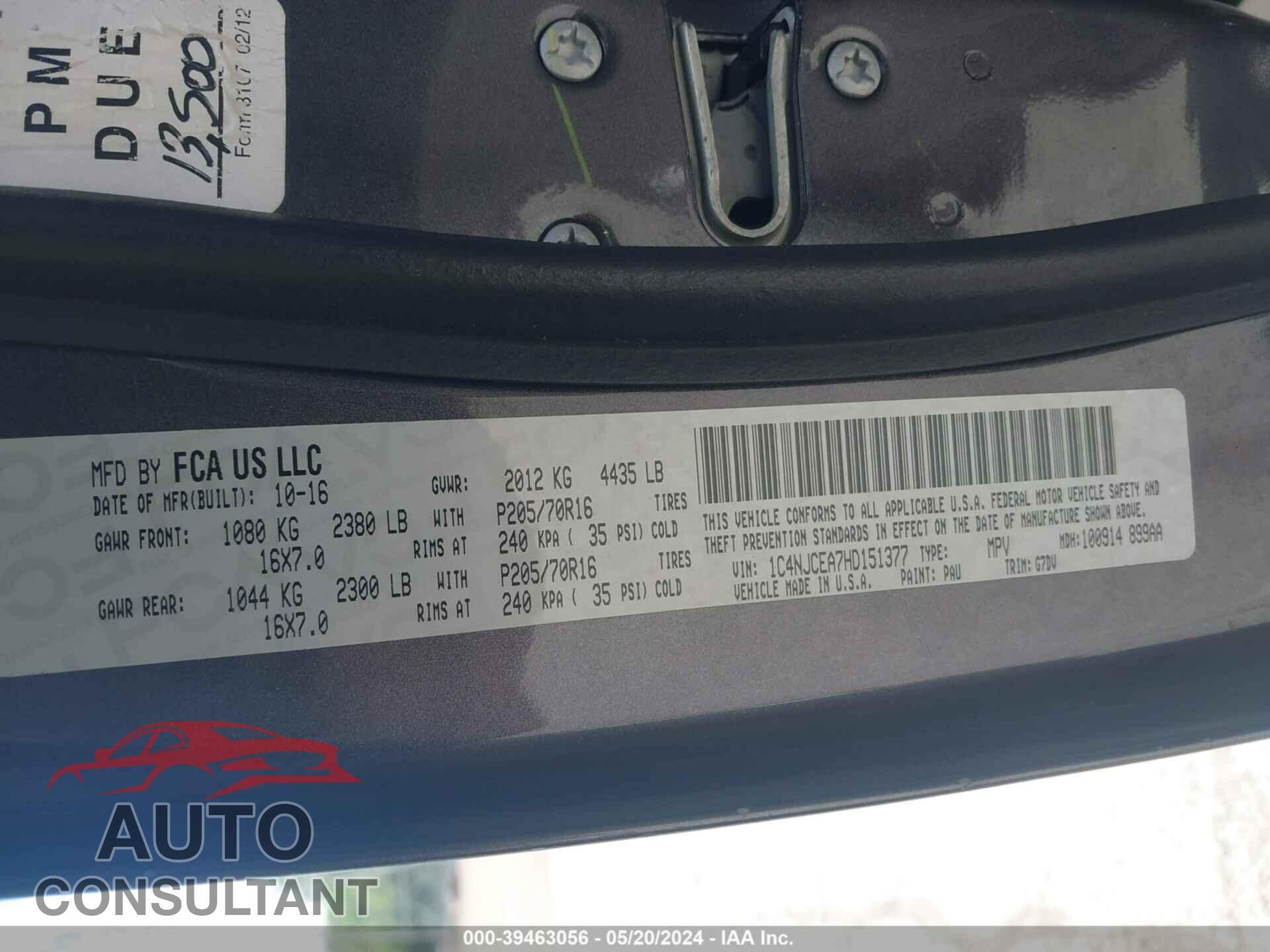JEEP COMPASS 2017 - 1C4NJCEA7HD151377