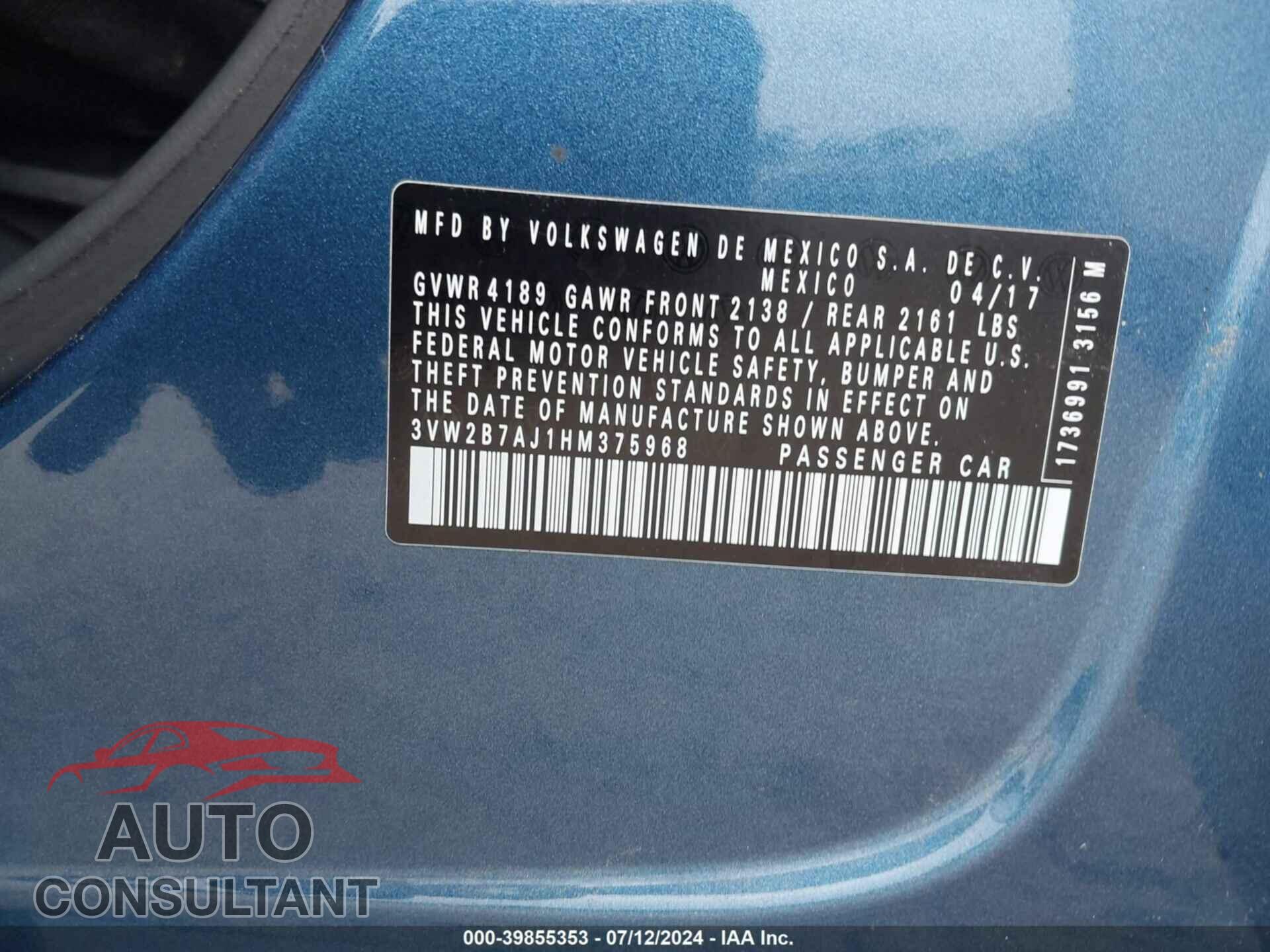 VOLKSWAGEN JETTA 2017 - 3VW2B7AJ1HM375968