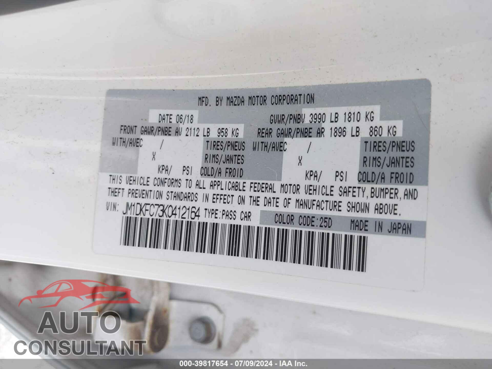 MAZDA CX-3 2019 - JM1DKFC73K0412164