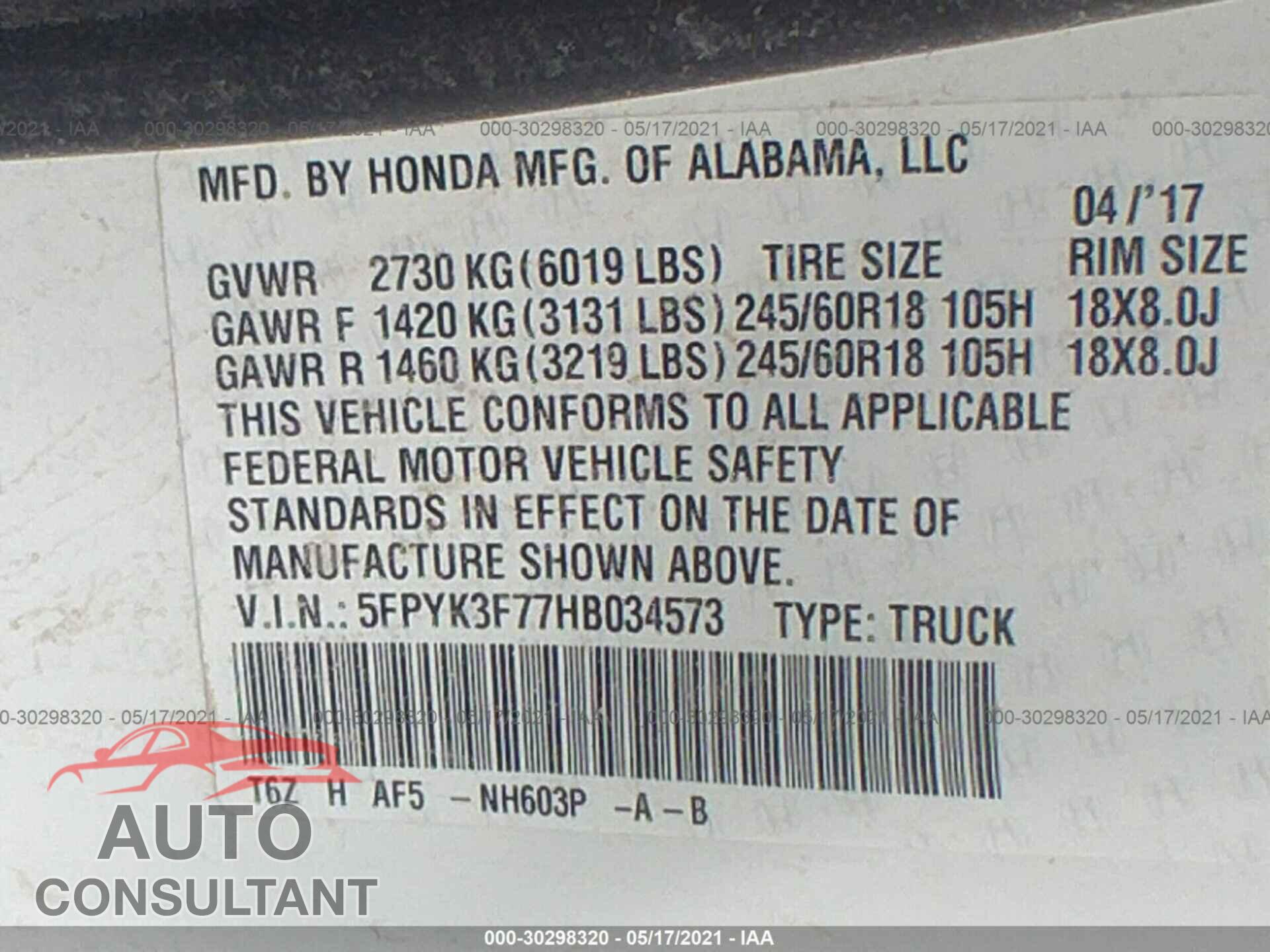 HONDA RIDGELINE 2017 - 5FPYK3F77HB034573