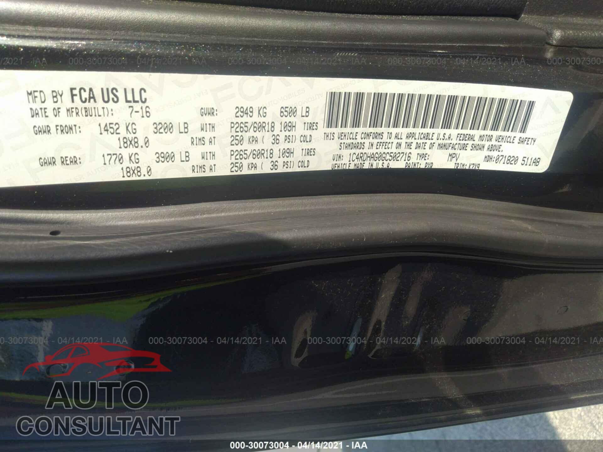 DODGE DURANGO 2016 - 1C4RDHAG0GC502716