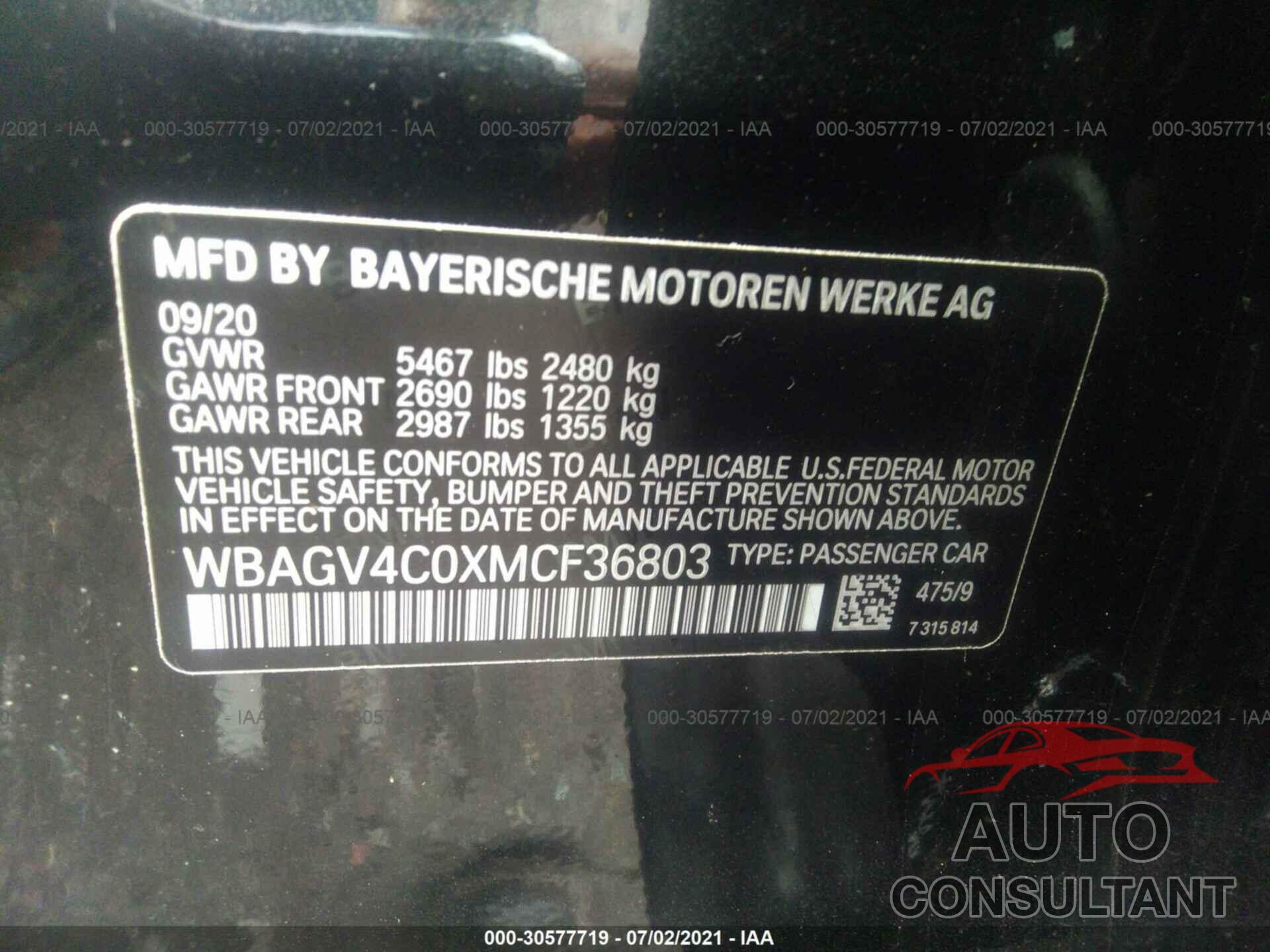 BMW 8 SERIES 2021 - WBAGV4C0XMCF36803