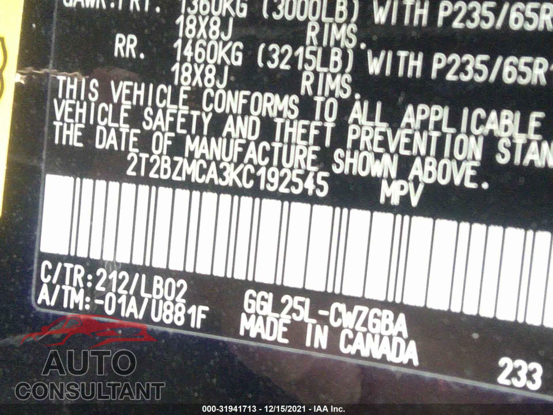 LEXUS RX 2019 - 2T2BZMCA3KC192545