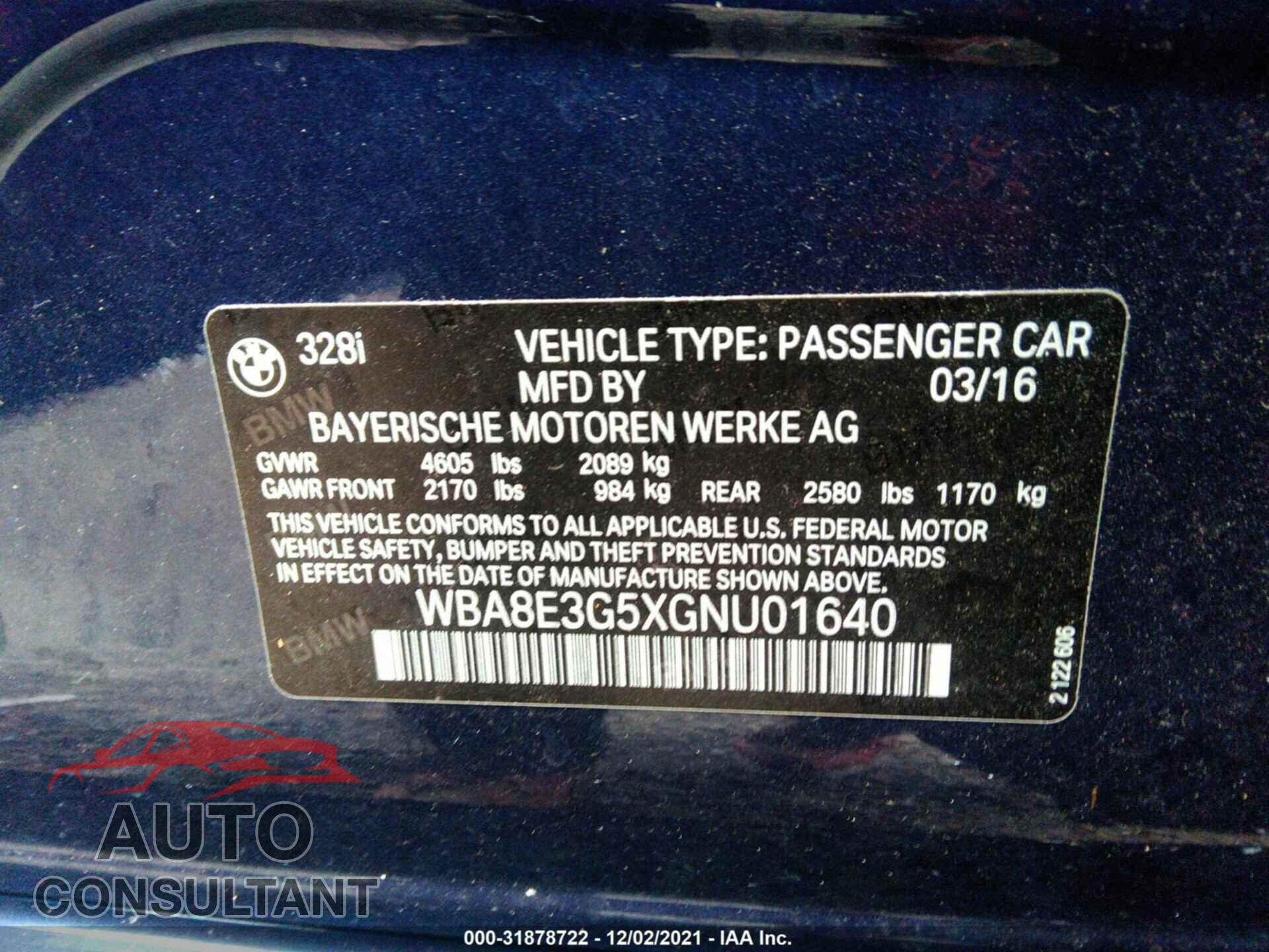 BMW 3 SERIES 2016 - WBA8E3G5XGNU01640