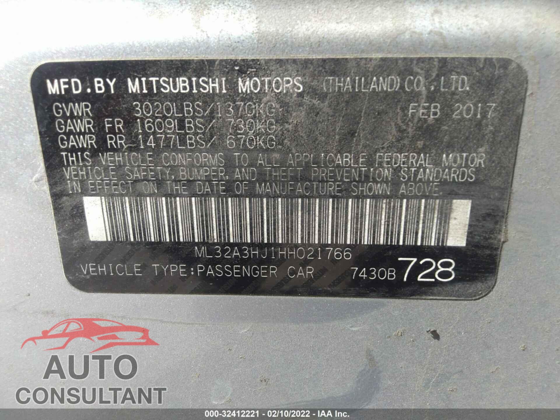 MITSUBISHI MIRAGE 2017 - ML32A3HJ1HH021766