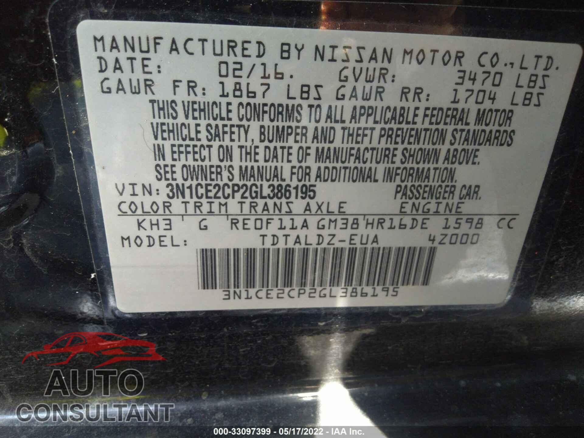 NISSAN VERSA NOTE 2016 - 3N1CE2CP2GL386195