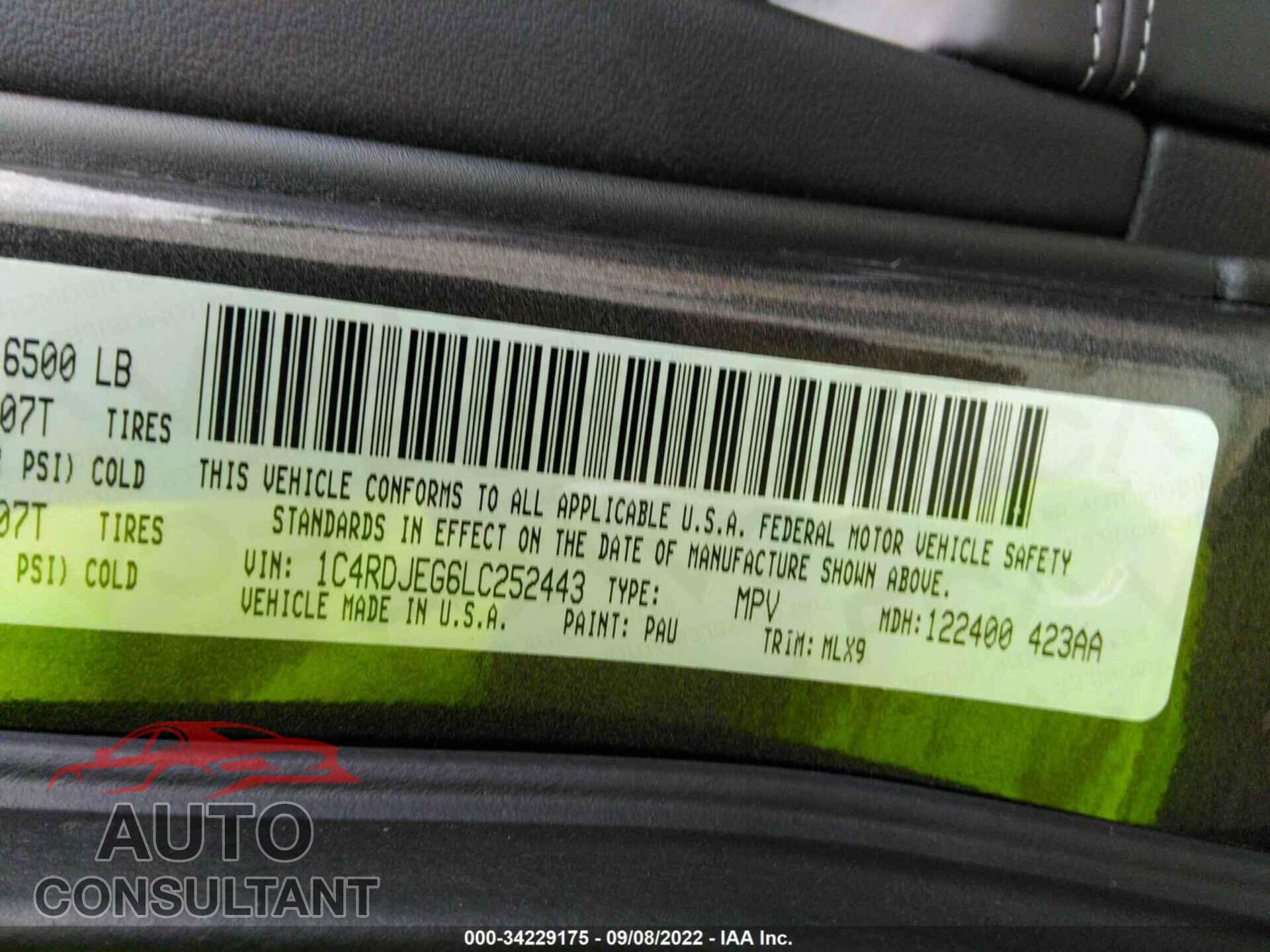 DODGE DURANGO 2020 - 1C4RDJEG6LC252443