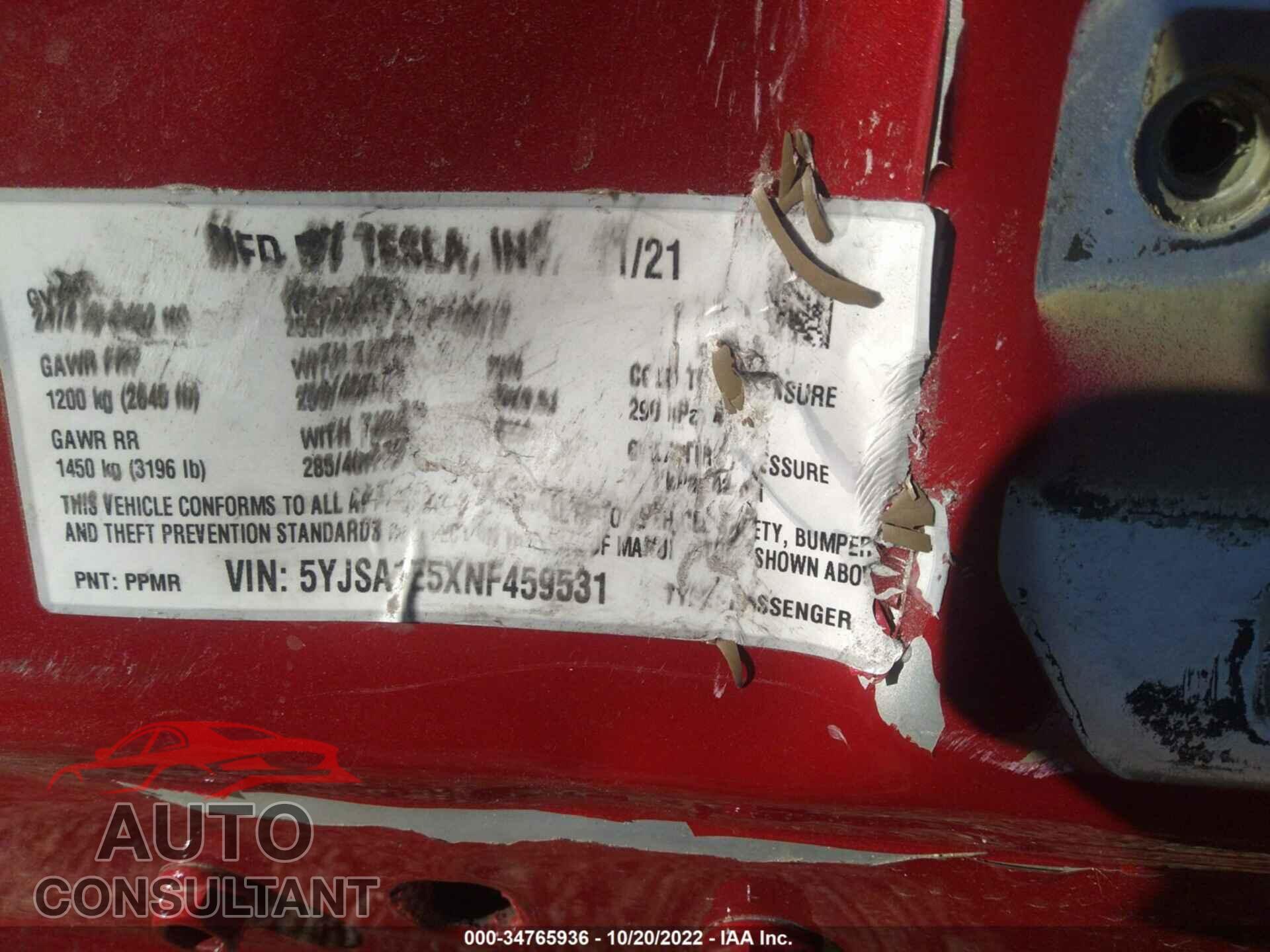 TESLA MODEL S 2022 - 5YJSA1E5XNF459531