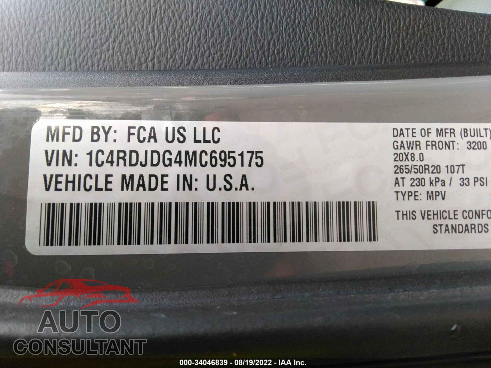 DODGE DURANGO 2021 - 1C4RDJDG4MC695175