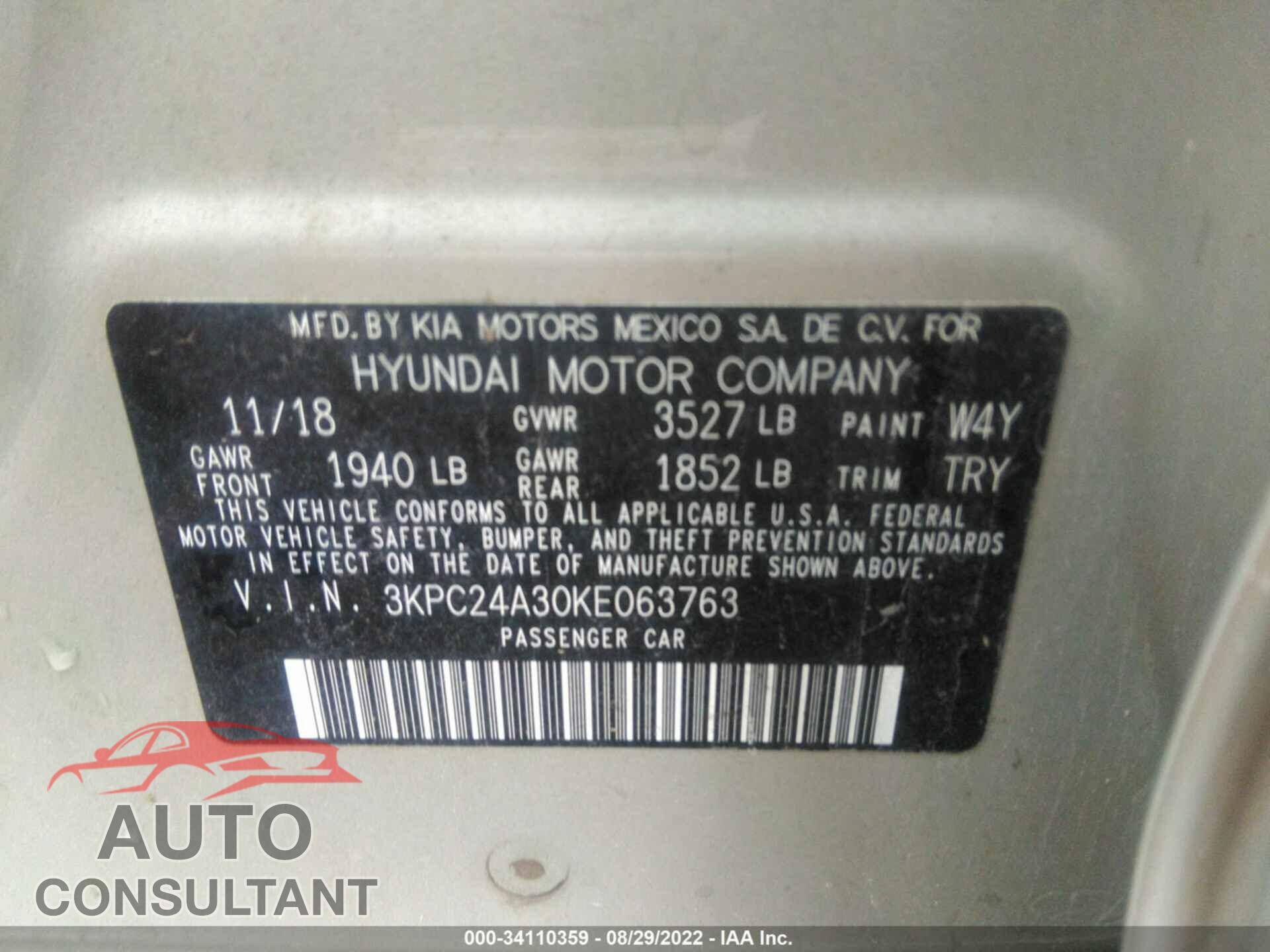 HYUNDAI ACCENT 2019 - 3KPC24A30KE063763