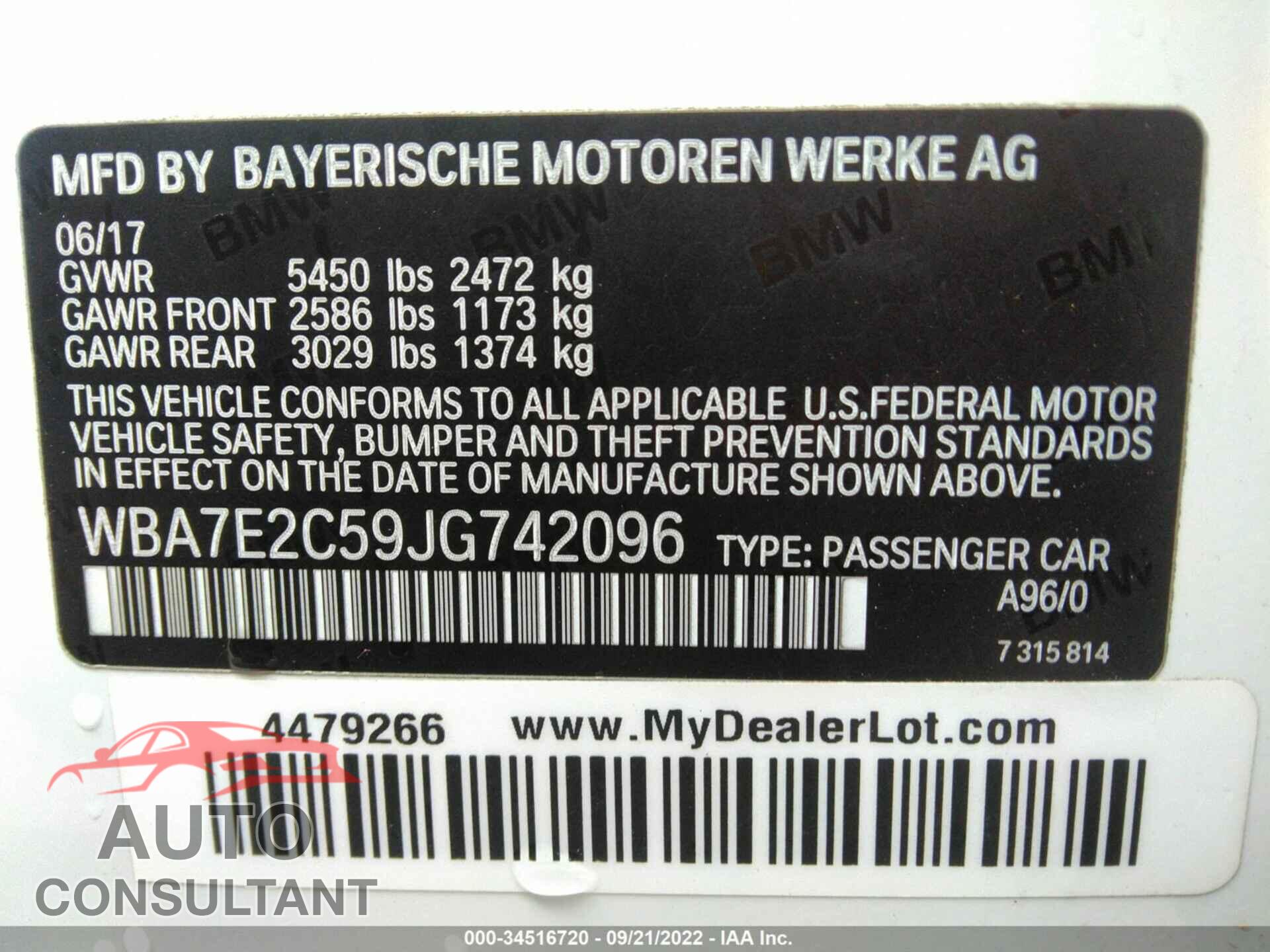 BMW 7 SERIES 2018 - WBA7E2C59JG742096