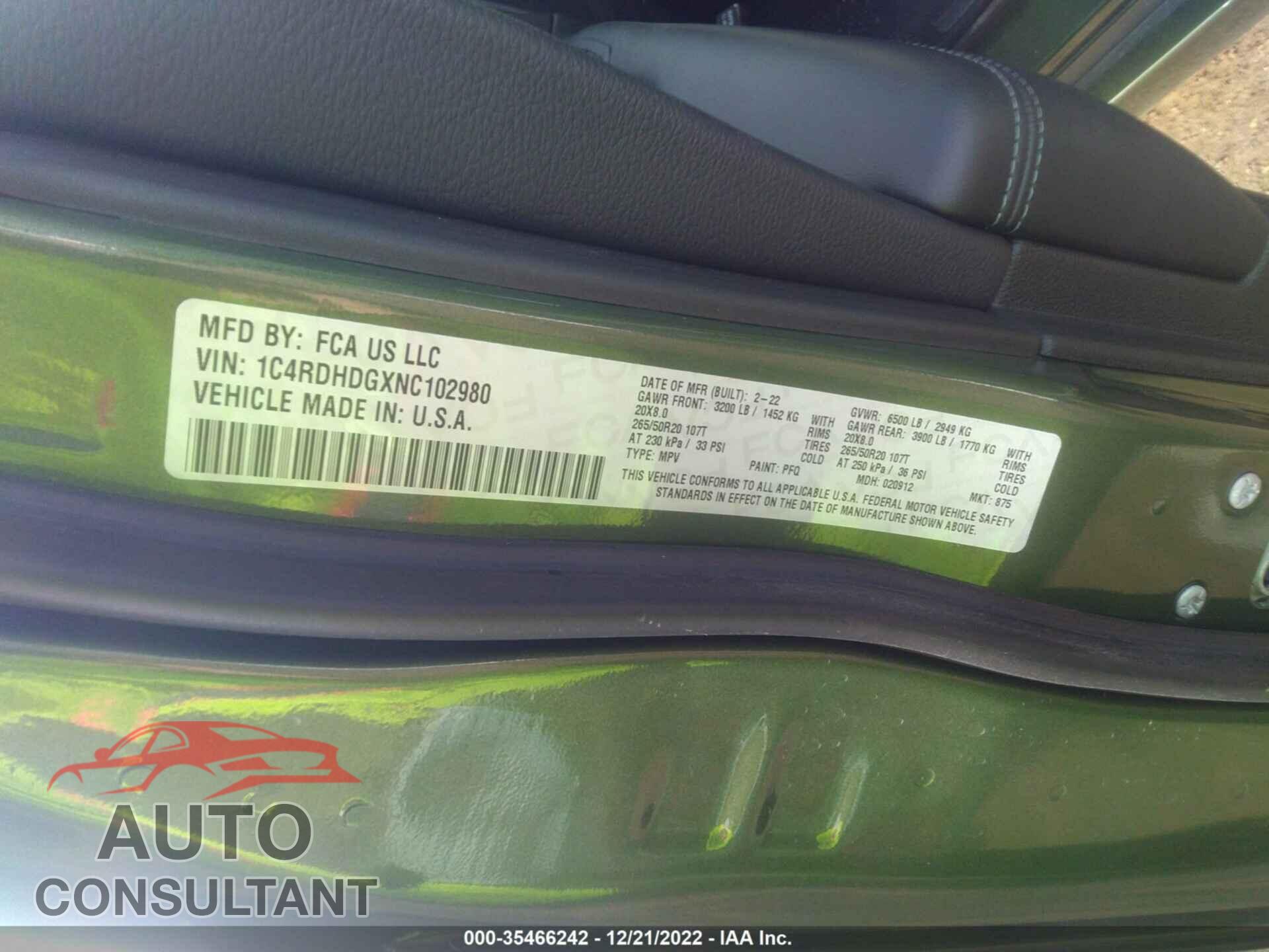 DODGE DURANGO 2022 - 1C4RDHDGXNC102980